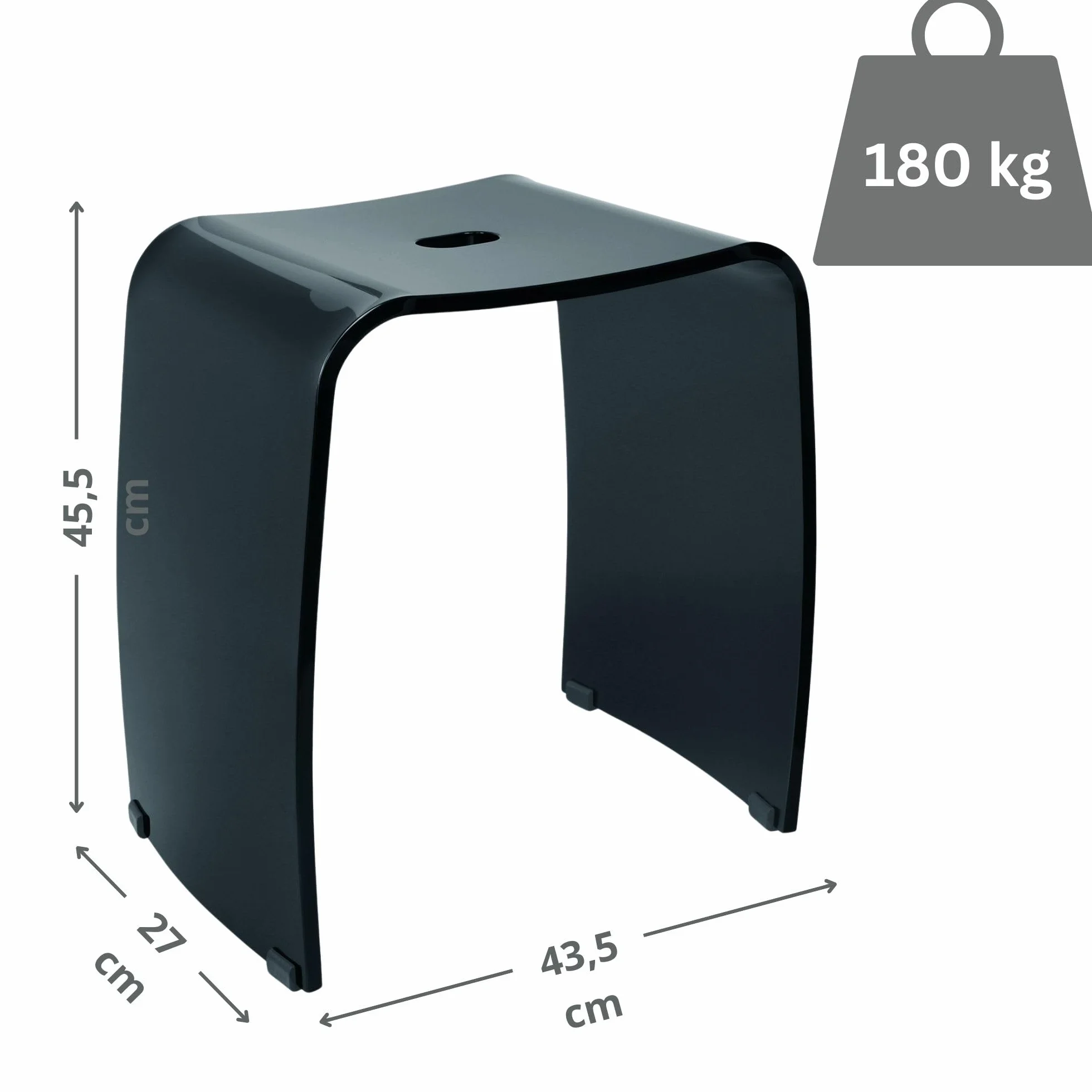 Stołek Łazienkowy Meran – Taboret Pod Prysznic z Akrylu z Uchwytem, Ergonomicznym Siedziskiem, Antypoślizgowymi Gumowymi Nóżkami i Ponadczasowym Designem (do 180 kg) (Czarny)