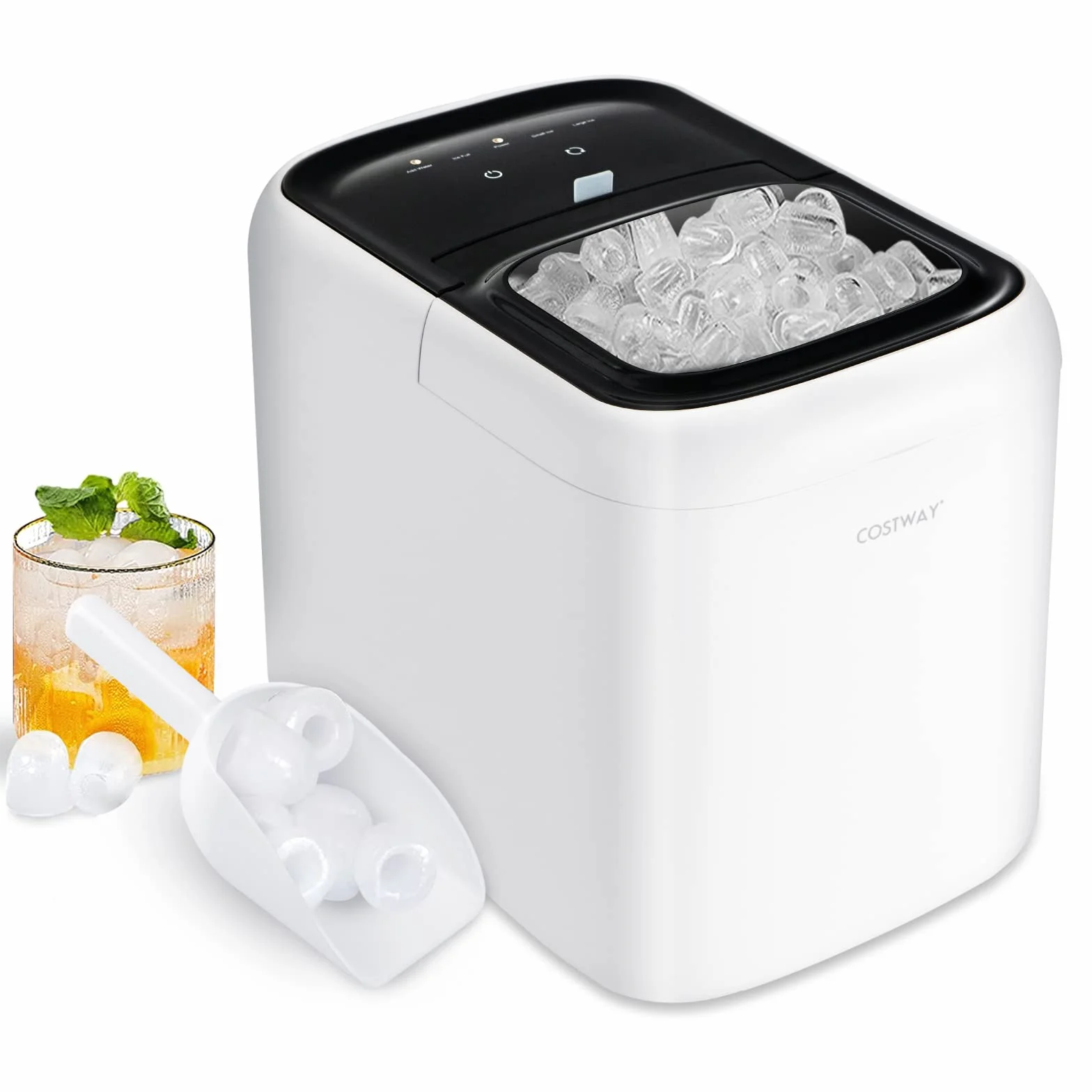 COSTWAY Kostkarka do lodu 2 l, 15 kg/24 h, 9 kostek lodu w 6-8 min, kostkarka do lodu z łopatką LED