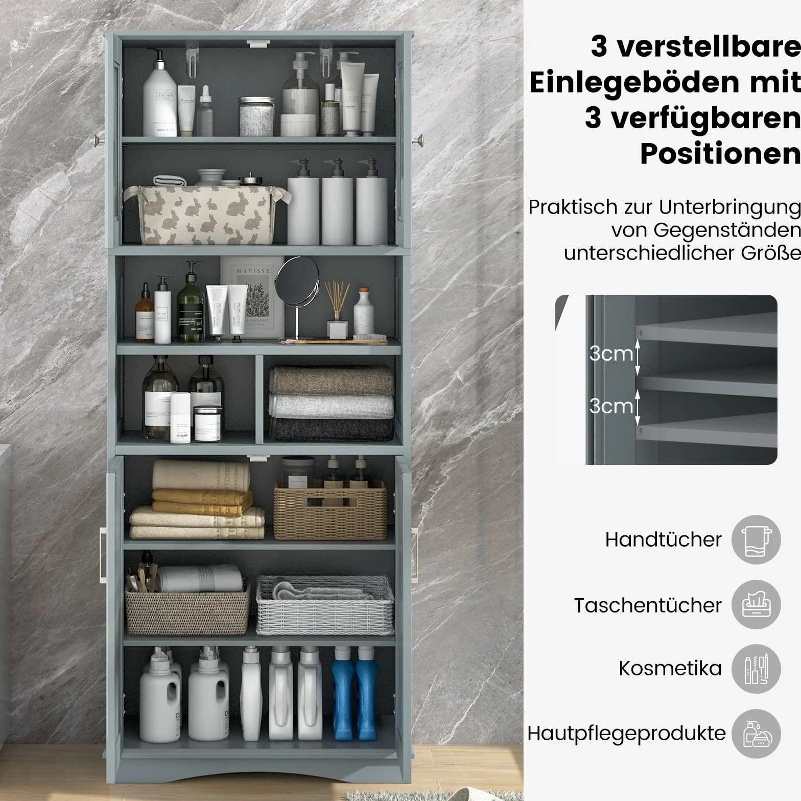 COSTWAY Szafka łazienkowa, wysoka szafka łazienkowa z 3 regulowanymi półkami i 4 drzwiami, drewniana szafka do przechowywania, do łazienki, salonu i kuchni, 60 x 30 x 145 cm (szara)