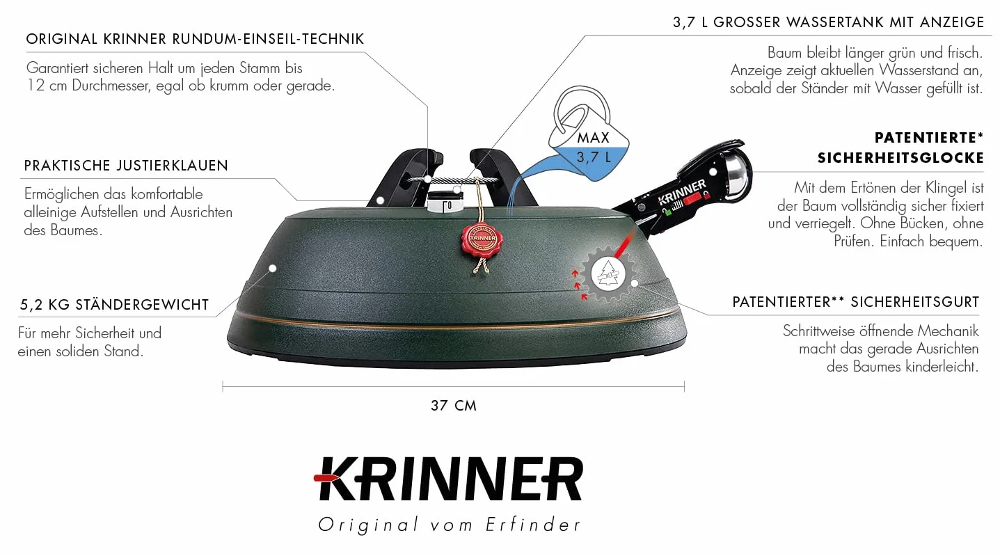 Krinner Ultra Grip L stojak na choinkę, stojak na choinkę w zestawie z pedałem nożnym z dzwonkiem zabezpieczającym i zbiornikiem na wodę o pojemności 3,7 l, na wysokość drzewa do 2,7 m, tworzywo