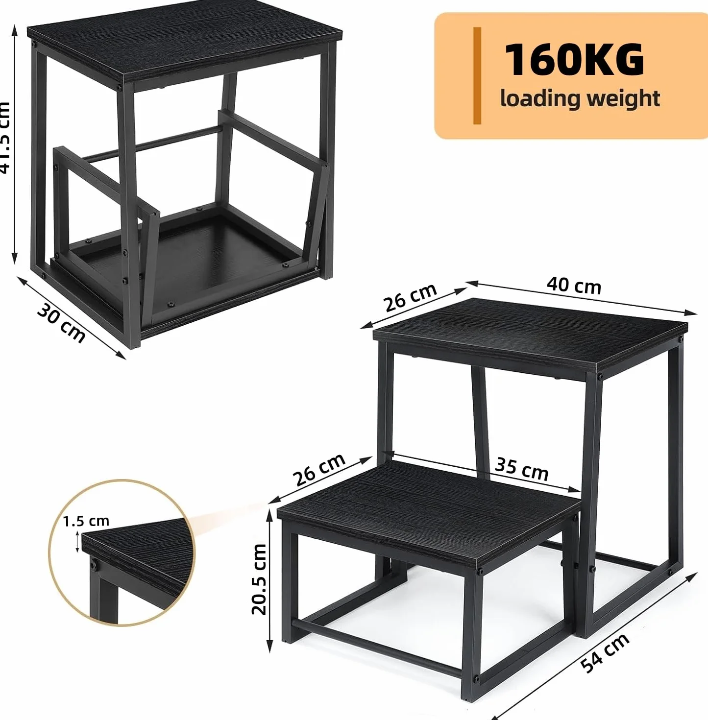 LIANTRAL 2-poziomowy stołek dla dorosłych i dzieci, stabilna metalowa rama, drewniana deska, obciążenie do 160 kg, podnóżek, wysuwana konstrukcja 2 w 1, czarny
