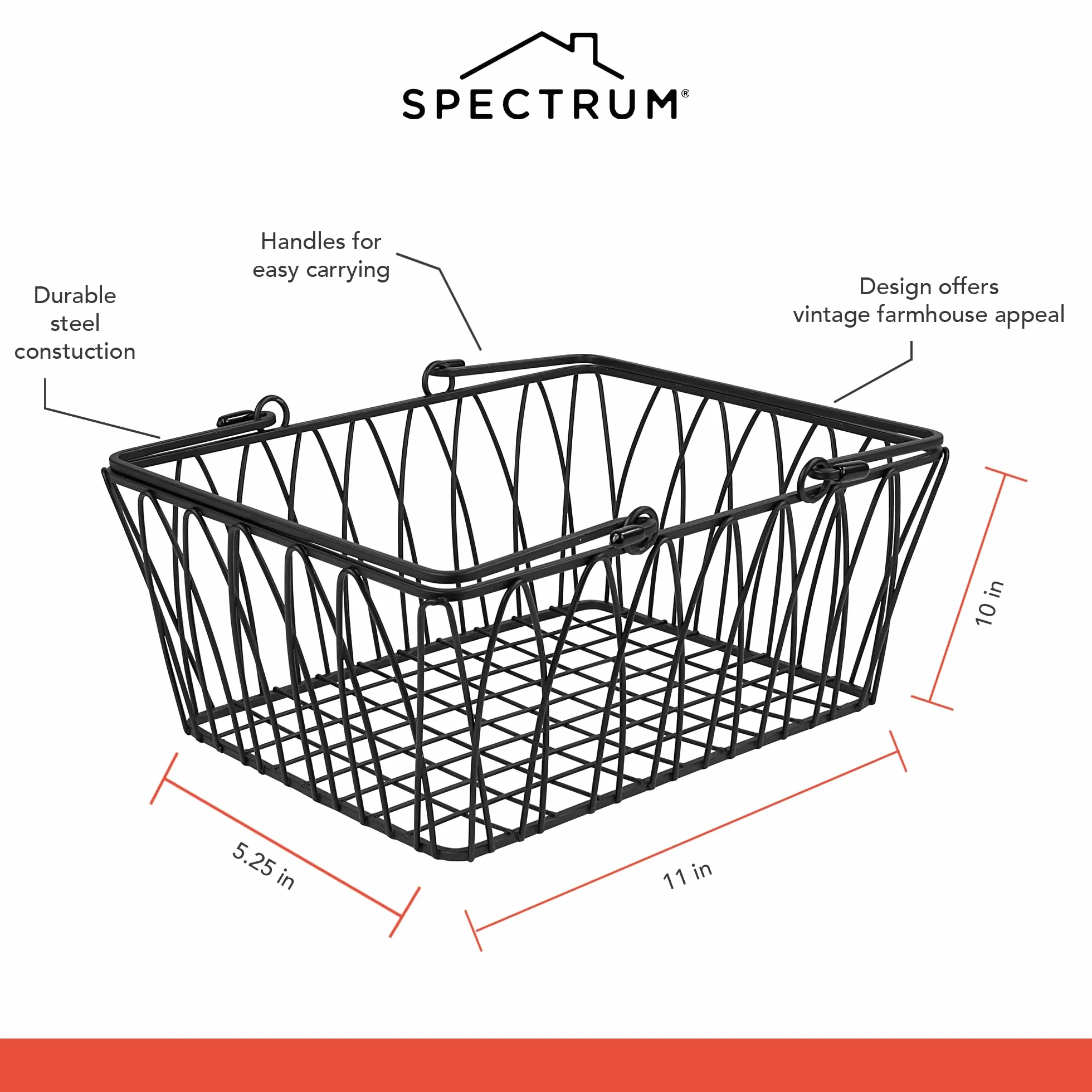 Spectrum Kosz druciany w stylu rolnika do organizacji łazienki, spiżarni i pokoju rzemieślniczego, metal, czarny, M
