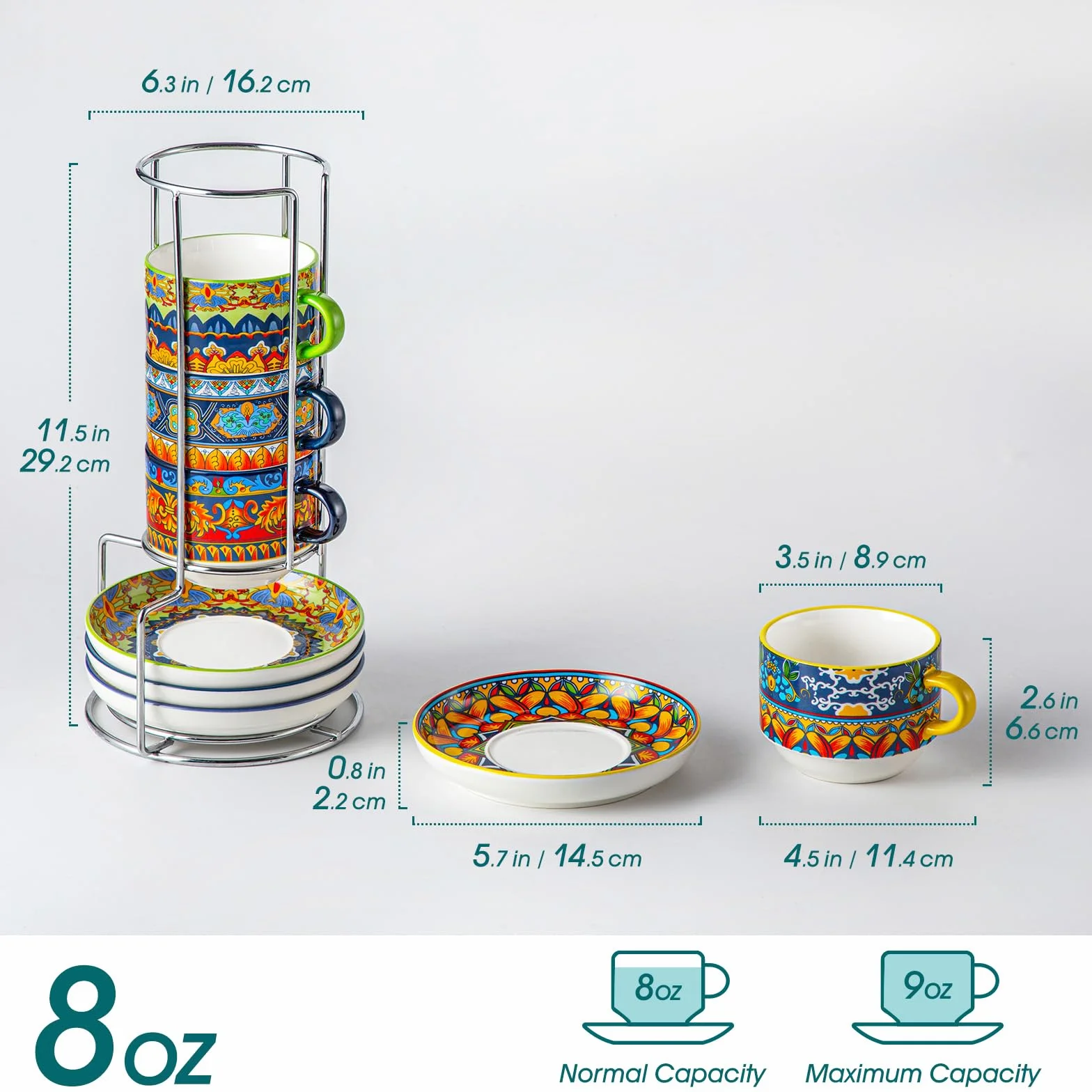 vancasso Zestaw 4 filiżanek do kawy, 270 ml, filiżanki ze spodkami i metalowym stojakiem, układane, grubościenna porcelana, zmywalne w zmywarce – seria KRVI, idealne do latte, cappuccino i herbaty