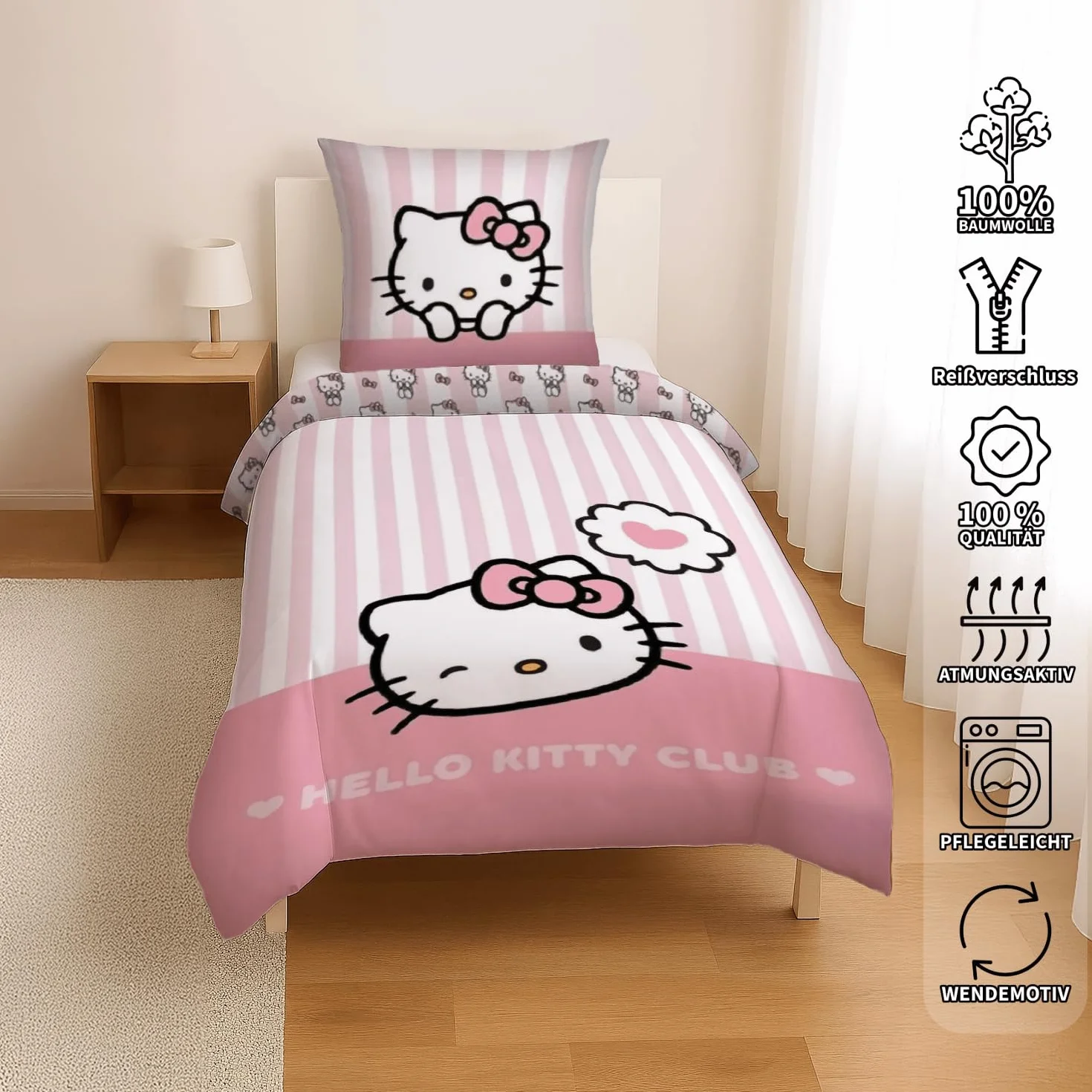 Hello Kitty Club Komplet pościeli, poszewka na poduszkę 80 x 80 cm z dwustronnym motywem, poszewka na kołdrę 135 x 200 cm, z zamkiem błyskawicznym, 100%