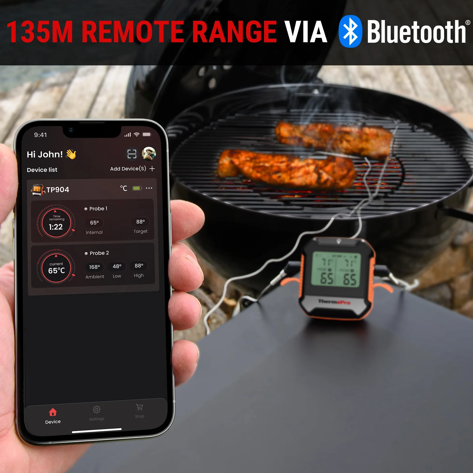 ThermoPro TempPro Termometr do mięsa Bluetooth 135m z 2 sondami, cyfrowy termometr grillowy z aplikacją, alarmem, precyzyjny do grilla, wędzarni, piekarnika, steków