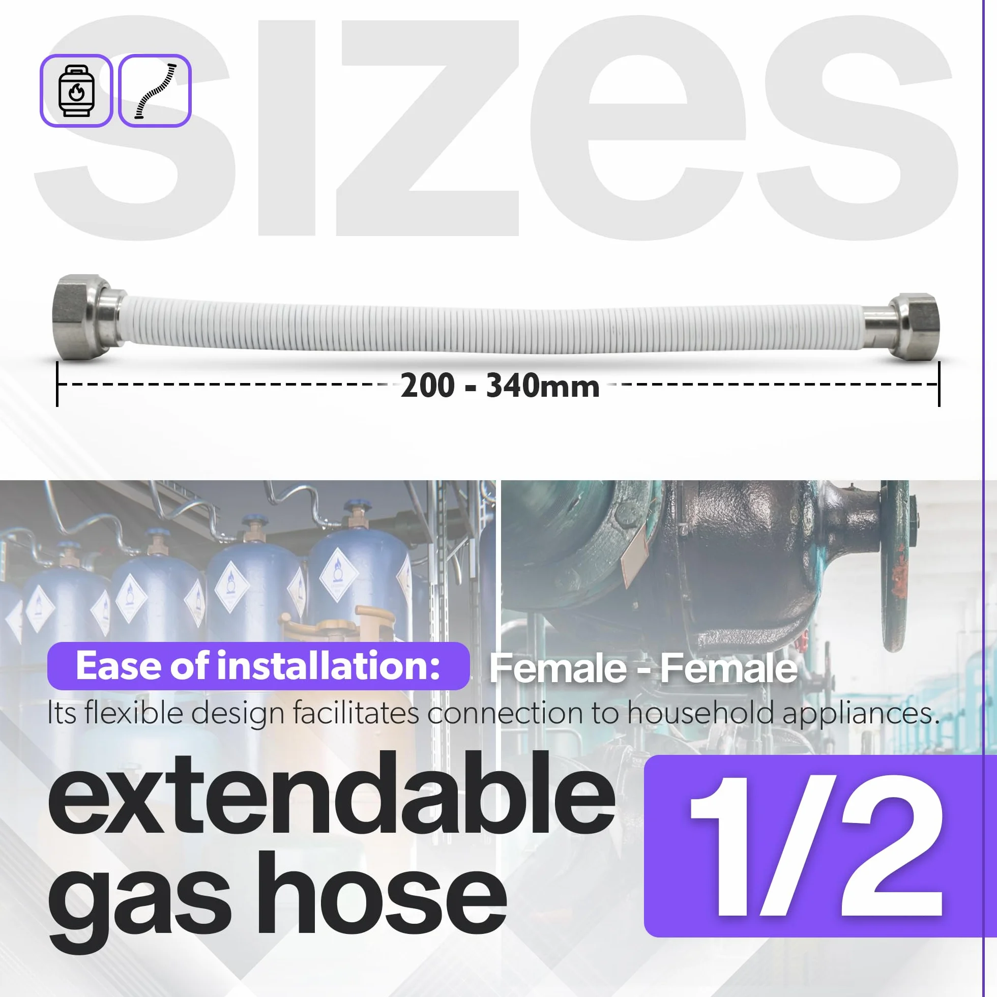 DOJA Barcelona Wysuwana rura gazowa H-H 1/2 | 200-340 mm | 1 sztuka | elastyczny wąż gazowy metan/butan / do pieca, kotła, klimatyzatora, elastyczna butla gazowa zewnętrzna