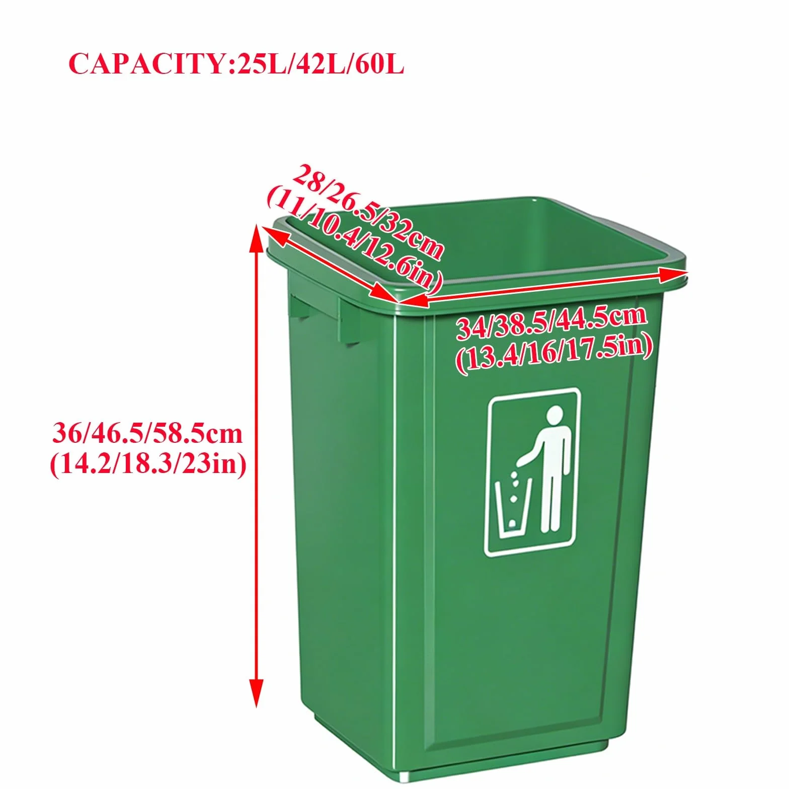 Komercyjny pojemnik na odpady, prostokątny plastikowy kosz na śmieci, zewnętrzny kosz na śmieci z pokrywką, do wewnątrz / na zewnątrz / garażu/domów / obiektów handlowych (Green-1,60L)