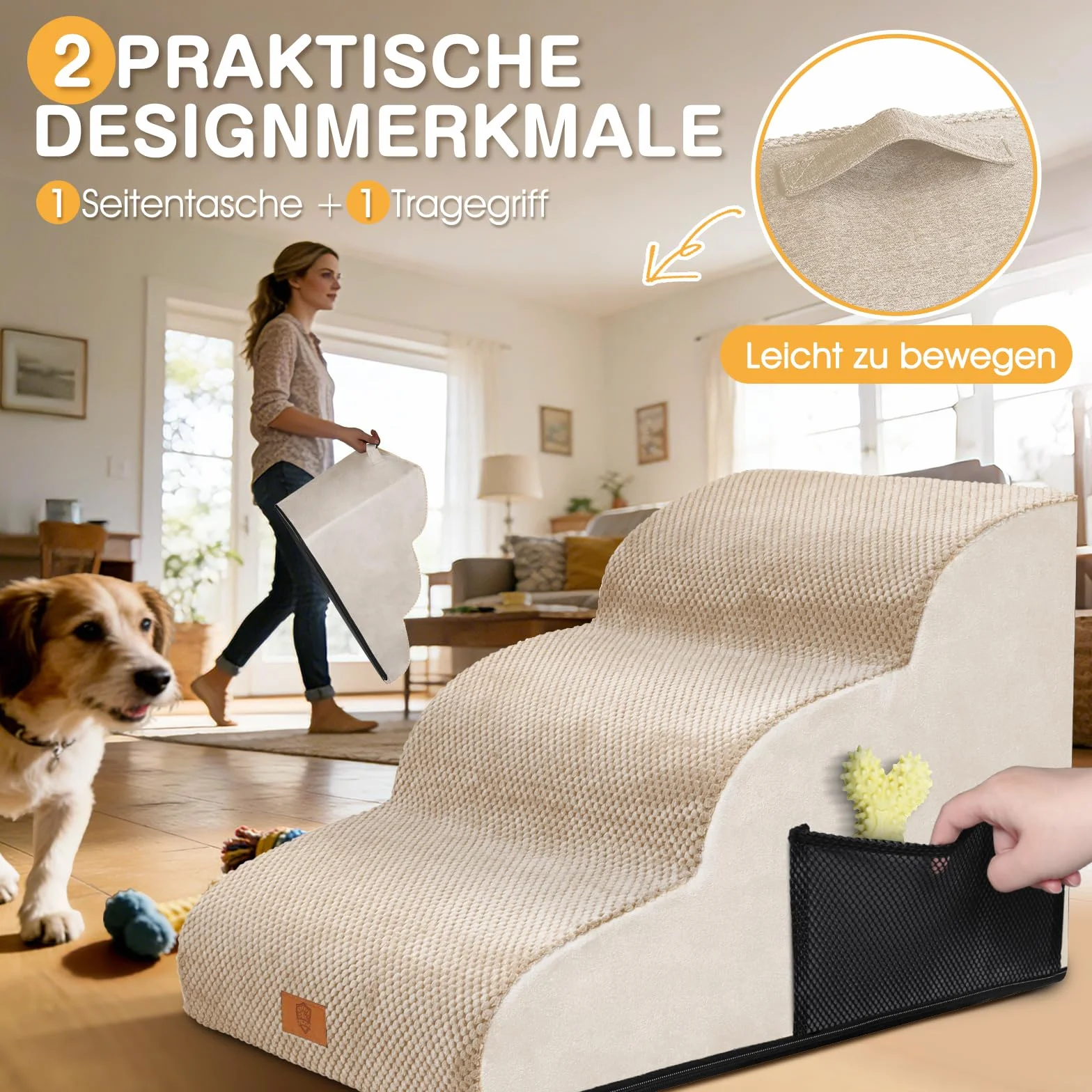 Zvonema Schody dla małych psów, 3 stopnie, nadają się do prania, z gęstej gąbki, wodoodporne, rampa dla psów z antypoślizgowym dnem, 60 x 40 x 40 cm