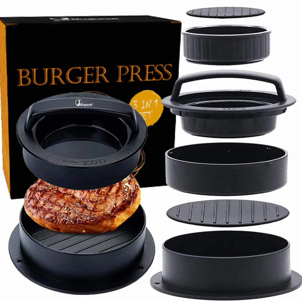 3 w 1 Prasa do Burgerów, Zestaw do Robienia Hamburgerów, Prasa do Burgerów z Nieprzywierającą Powierzchnią, Foremka do Hamburgerów, Narzędzie do Grillowania na Barbecue, Akcesoria do Kuchni, W