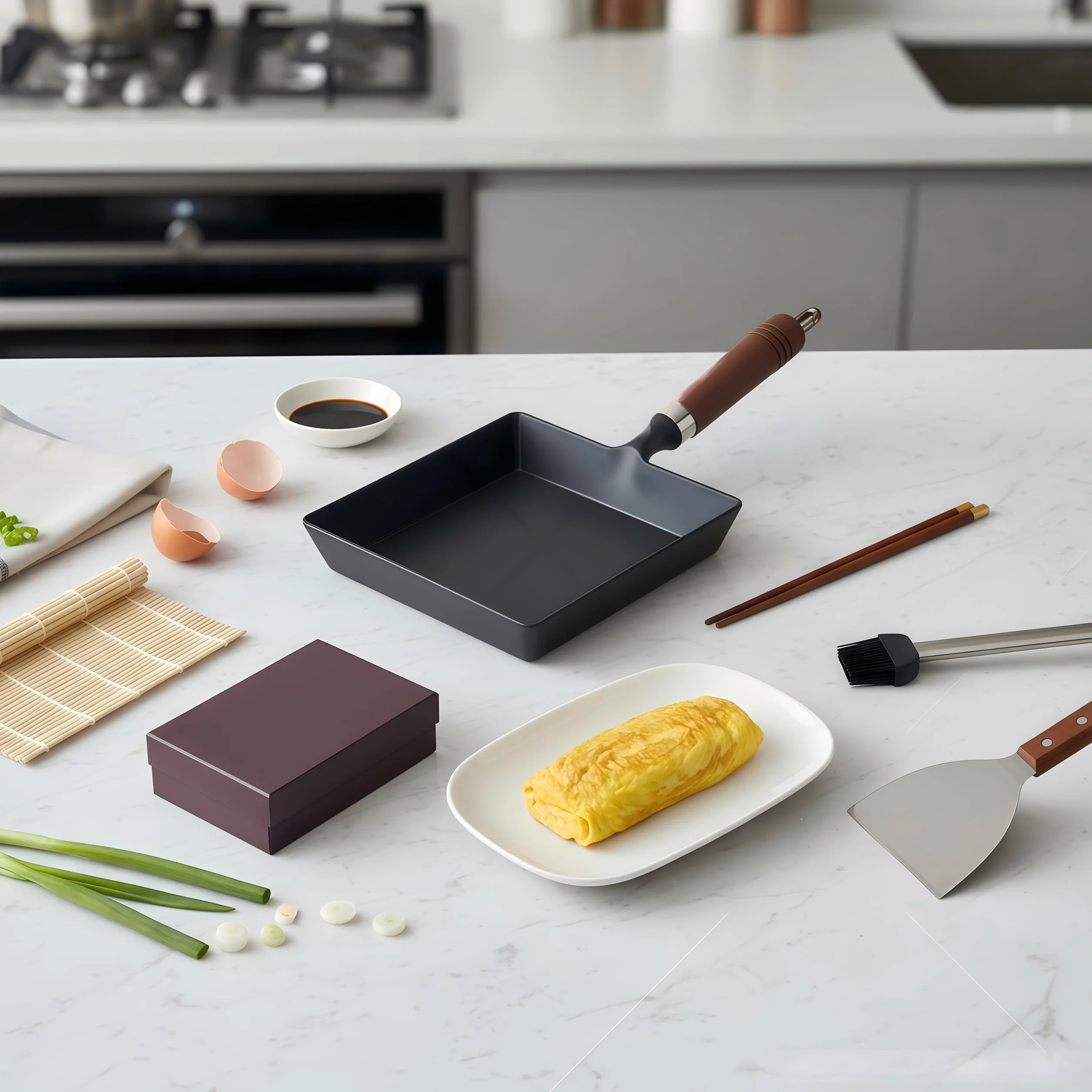 YYMIYU Tamagoyaki Japońska patelnia do omletów, żeliwna, z drewnianym uchwytem, 25 x 18 cm