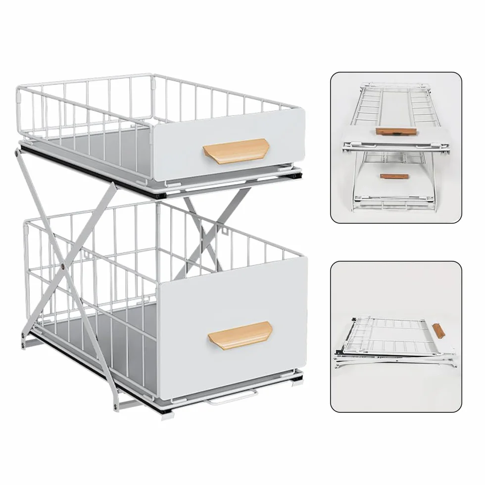 LANTUS Organizer pod zlewem - Metalowa szuflada do przechowywania - Stojak przesuwny z przegrodami na przyprawy, prysznic, spiżarnia - kuchnia, łazienka, pod zlewem, półki garażowe - biały