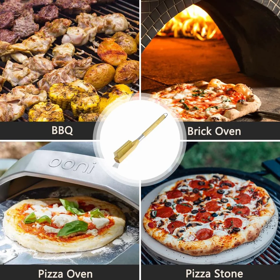 OFFCUP szczotka do pieca do pizzy 50 cm ze stalowym skrobakiem i odpornym na zarysowania mosiężnym włosiem szczotką do grilla, drewniany uchwyt zestaw szczotek do kamienia do pizzy szczotka do
