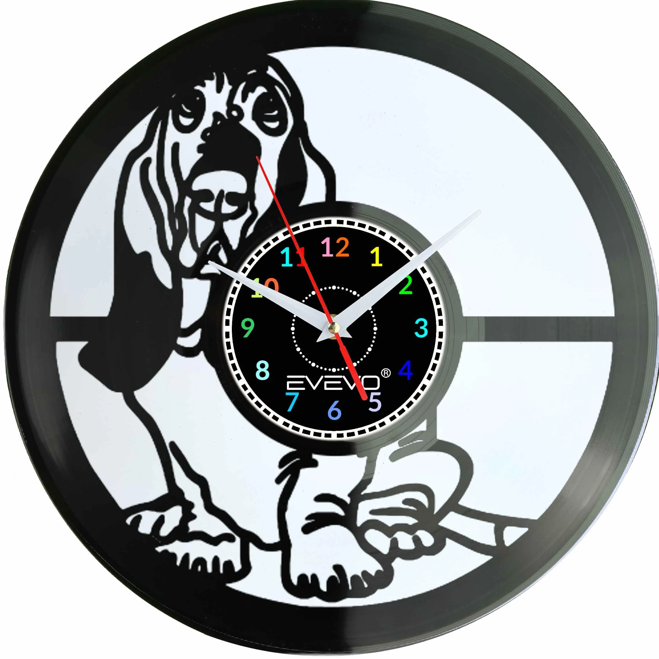 BASSET BRETOŃSKI PIES ZEGAR ŚCIENNY FLUORESCENCYJNE TŁO PŁYTA WINYLOWA PREZENT UPOMINEK URODZINY GIFT SOUVENIR EVEVO F0046