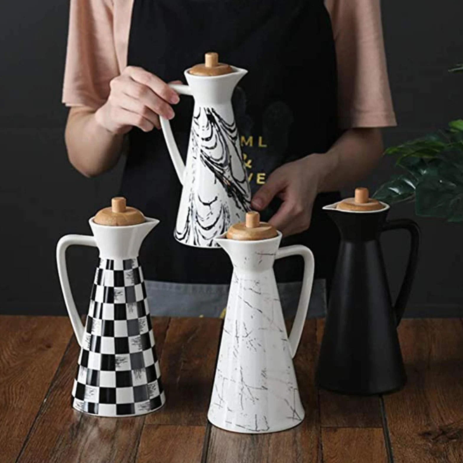 Pojemnik na olej, vintage butelka oleju, ceramiczny dozownik octu na olej butelka oleju pojemniki kuchenne szczelny nalewak sos cruet duża pojemność przechowywanie oleju butelka-C||800 ml