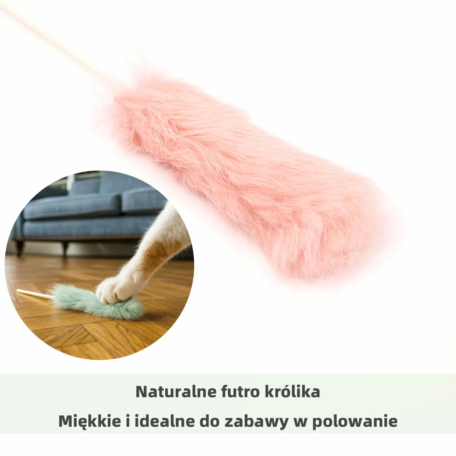 Zestaw 5 Wędek dla Kota z Naturalnym Futrem Królika – Ciche Zabawki Interaktywne dla Kotów Domowych, Kolory Mieszane, Do Samodzielnej Zabawy