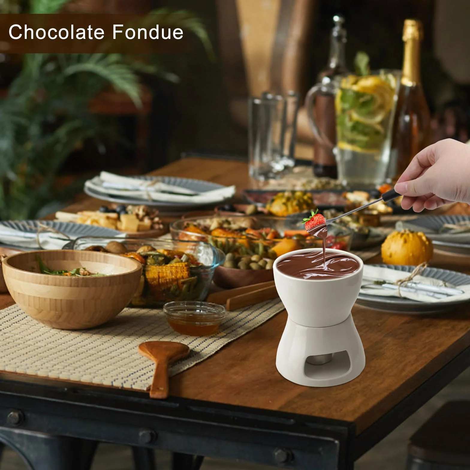 DAWRIS Ceramiczny zestaw do fondue czekoladowego Fondue czekolada Czekoladowe fondue, Miska ceramiczna z uchwytem na świeczkę i 4 widelcami, Czekoladowy zestaw do fondue do czekolady sera fondue