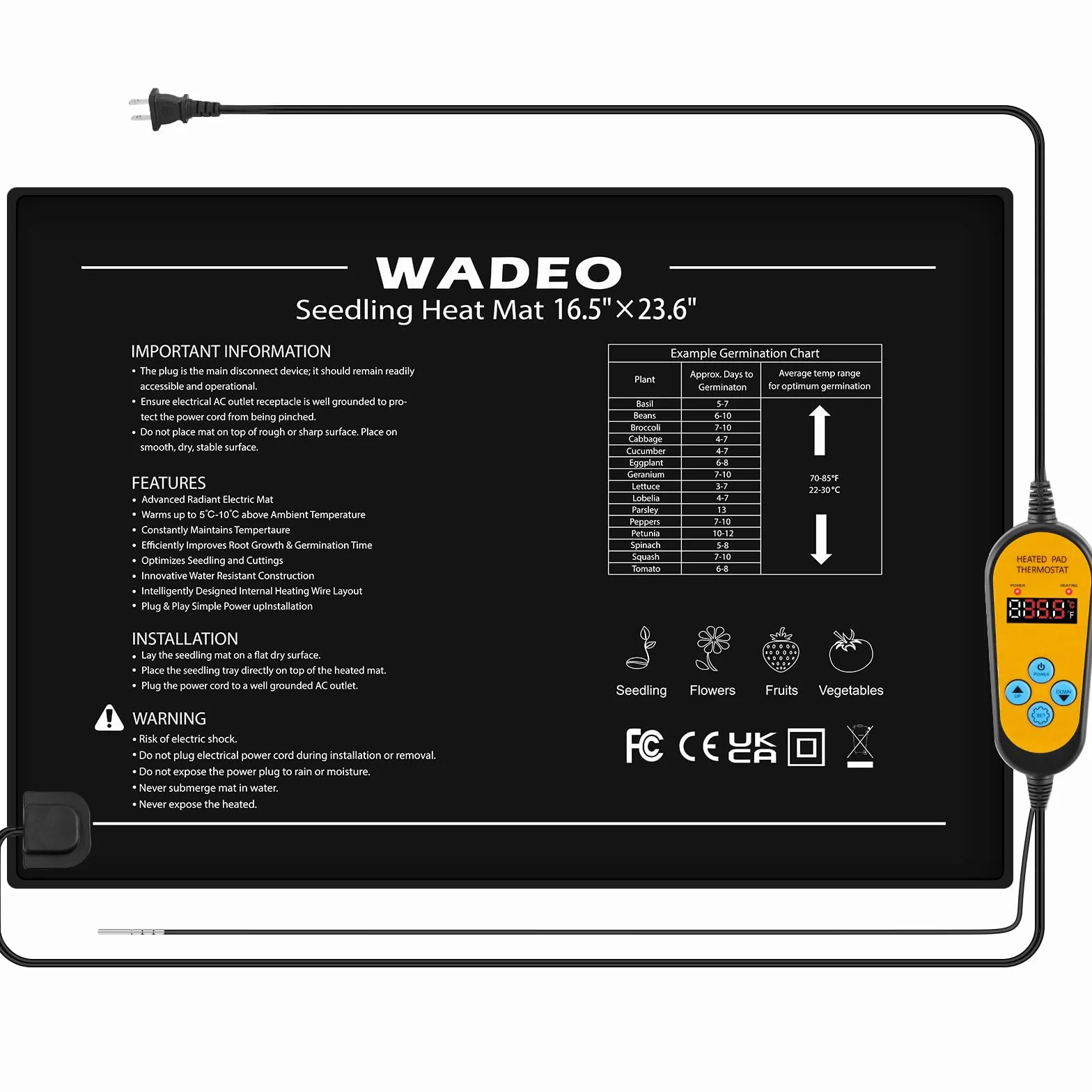 WADEO Mata grzewcza do roślin 60 x 42 cm, mata grzewcza do sadzonek, mata grzewcza z termostatem od 5°C do 45°C, mata termiczna do kiełkowania sadzonek, terrarium