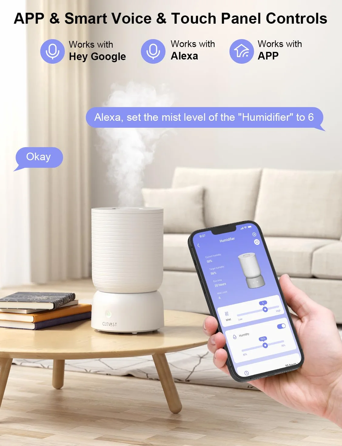 CLEVAST nawilżacze do sypialni, Top Fill 3L Cool Mist Cichy ultradźwiękowy nawilżacz z dyfuzorem olejków eterycznych, Wi-Fi Nawilżacz powietrza dla dziecka, kontrola wilgotności, praca z Alexą