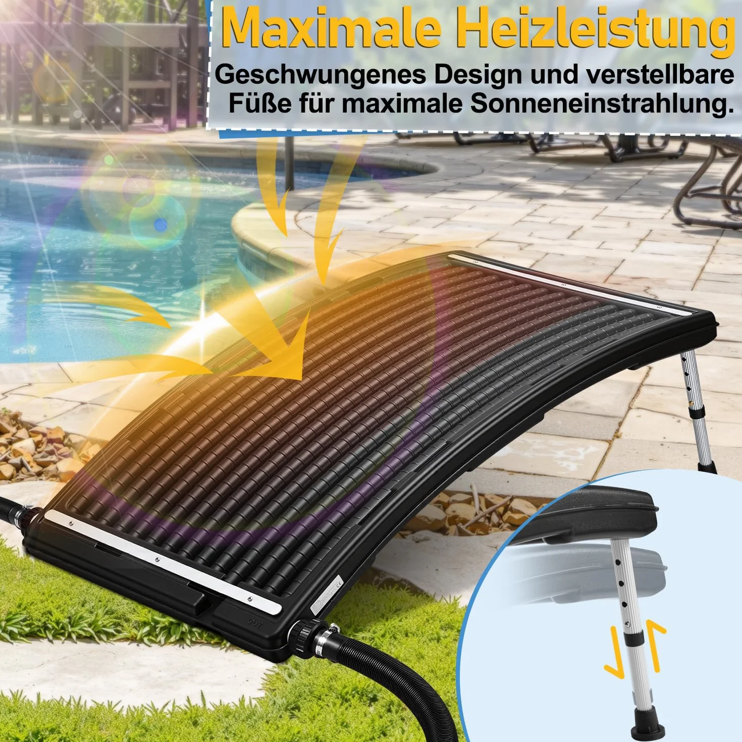 Solarne ogrzewanie basenu, kolektor solarny 110 x 65 x 35 cm, z regulacją wysokości, 10 000 l/h, przyłącze 38 mm, możliwość rozszerzenia, do ciepłej wody, prysznica ogrodowego, basenu