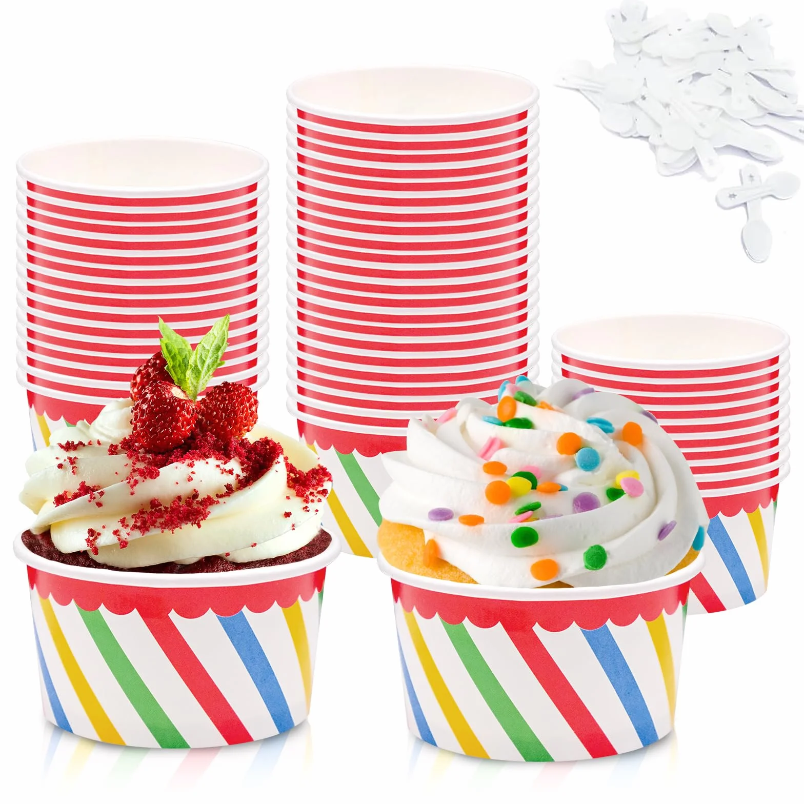 50 sztuk pucharków do lodów 125ml, pucharki do lodów z łyżką, papierowe pucharki deserowe, pucharki na desery, pojemniki do wynoszenia mrożonego jogurtu (kolorowe paski)