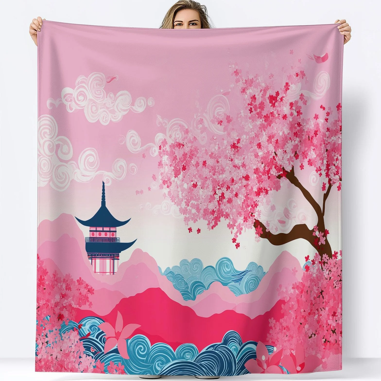 Flanelowy koc polarowy Rośliny Kwiaty Wiśni Elegancja Polar Pled, narzuta na sofę Wygodny podwójny koc na łóżko 2-osobowy koc zimowy w kratę, 220 x 240 cm różowy