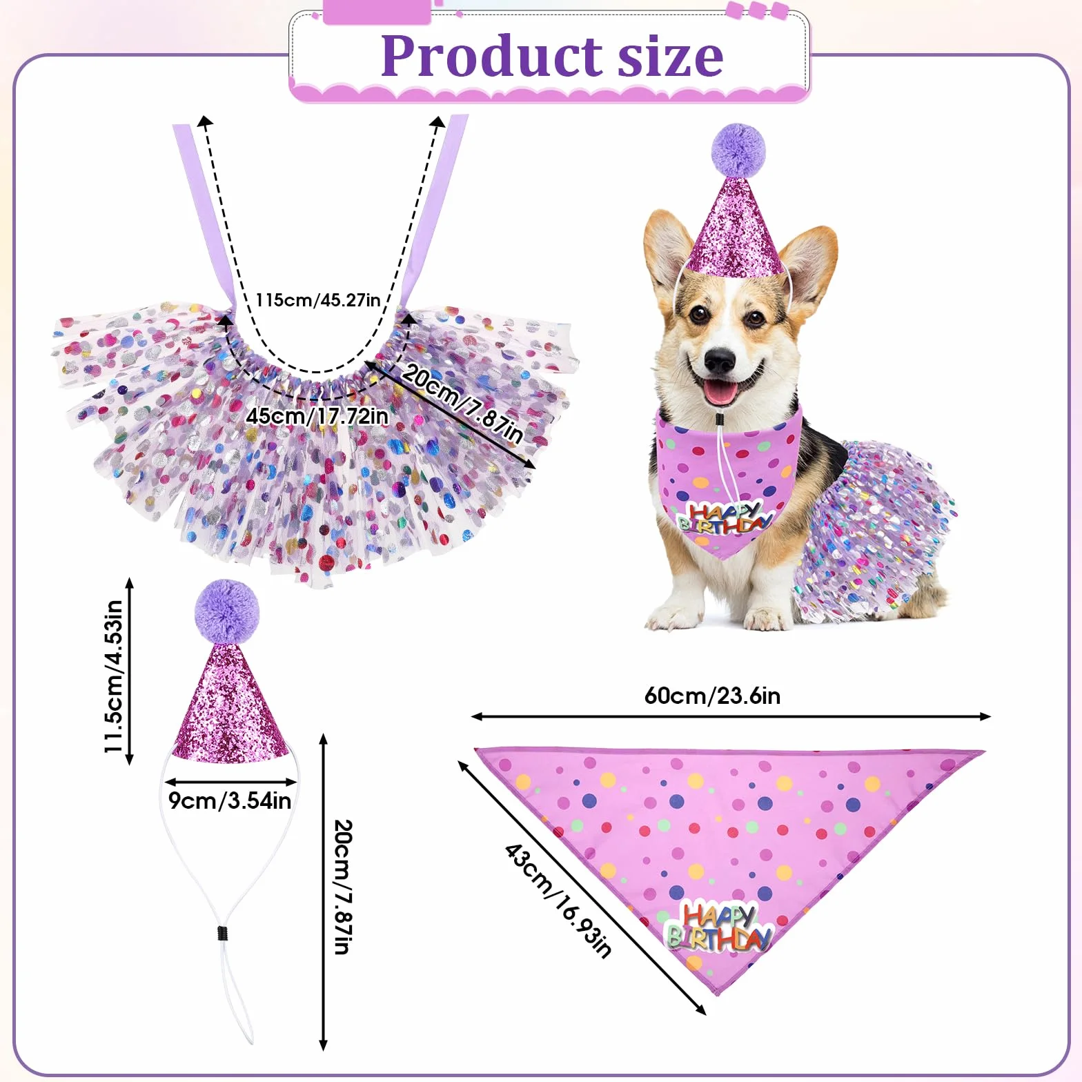 Dekoracje urodzinowe dla psa, bandana z brokatowym kapeluszem i sukienką, zestaw dla dziewczynki, mini czapki imprezowe, urocza spódnica tutu, kostium dla małych, średnich i dużych psów, kotów