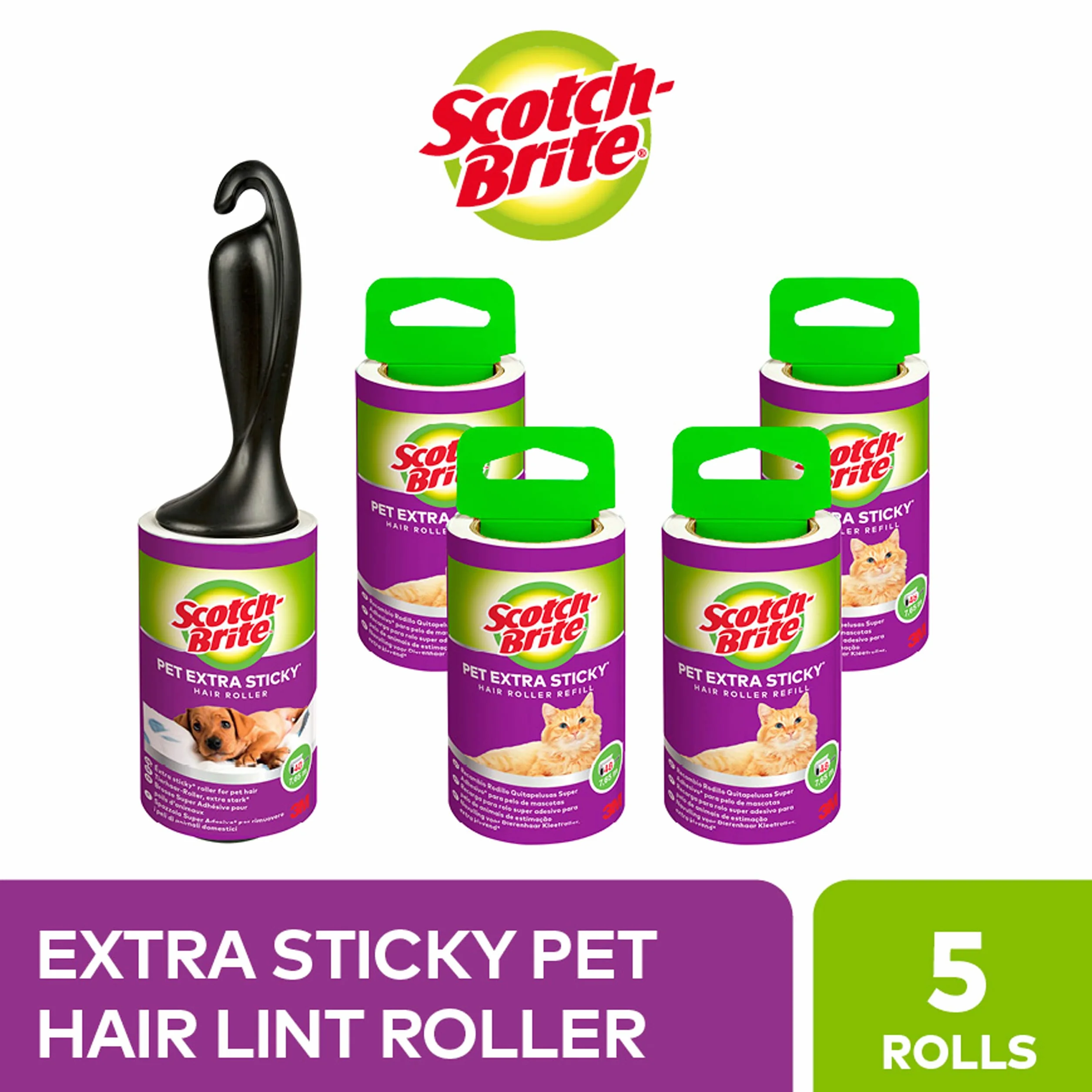 Scotch Brite Pet Extra Sticky 7100241459 Wałek do Sierści, Biały/Czarny, 5 x 48 arkuszy
