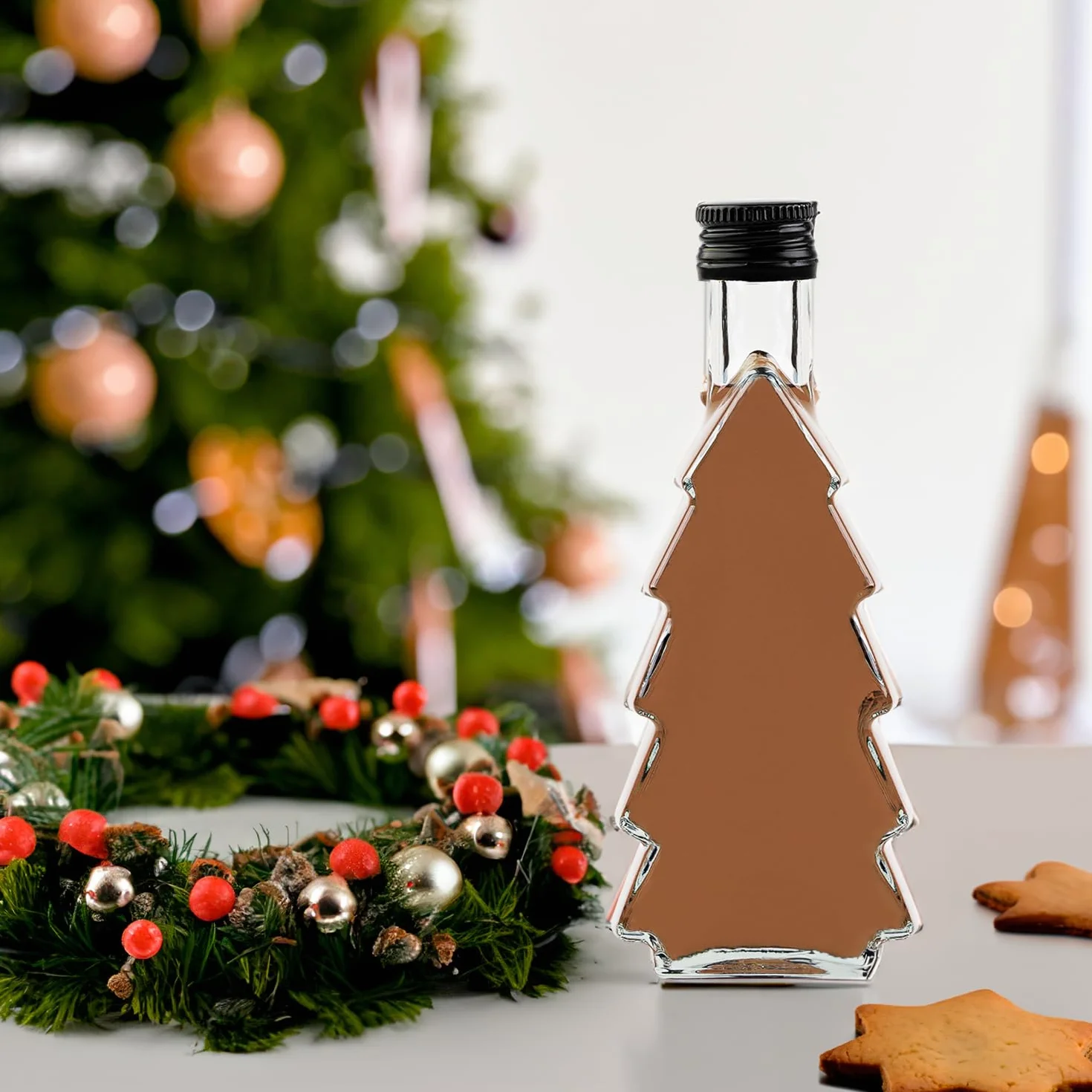 Szklane butelki choinkowe 250 ml – 5 sztuk – puste szklane butelki z korkiem do napełniania likierów, nalewek, syropów lub prezentów (drzewko bożonarodzeniowe 250 ml x 5 sztuk)
