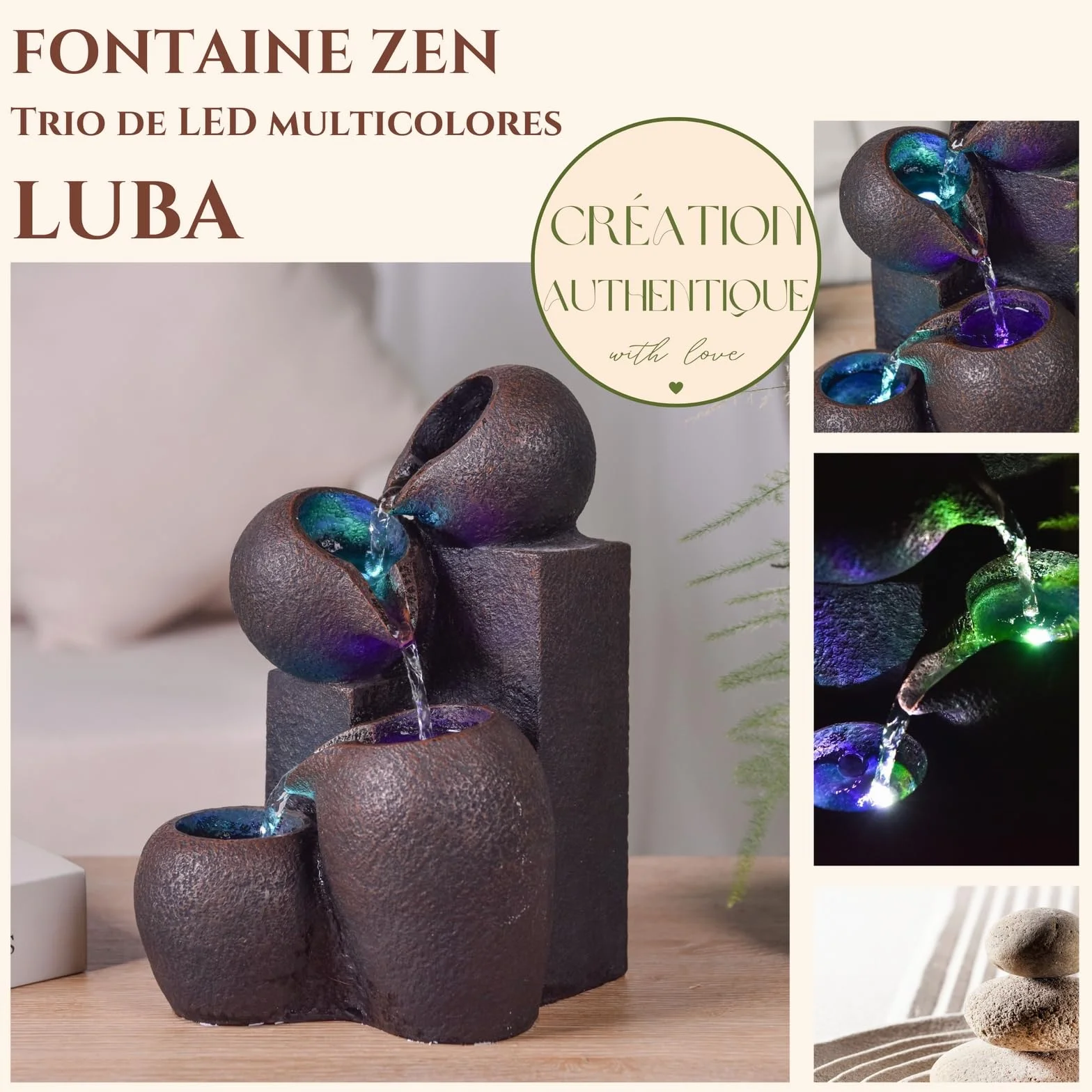 Fontanna wewnętrzna wodospad 4 poziomy słoik efekt kamienia naturalnego kolorowe diody LED, Zen i stylowa dekoracja wnętrz, fontanna stołowa, wyjątkowy pomysł na prezent, wys. 25cm - Luba Zen'Light