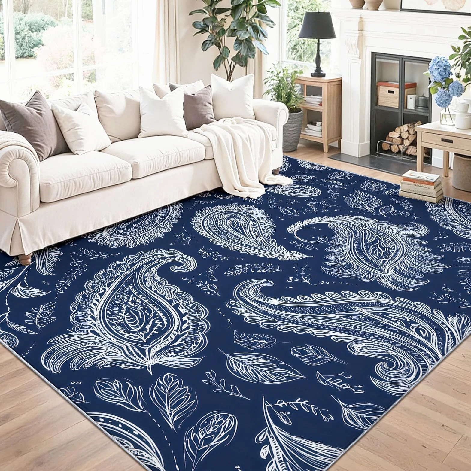 Dywan do salonu, można prać w pralce, 160 x 230 cm, dywan Paisley, antypoślizgowy, białe liście kwiatów nerkowca, niskie runo, nie gubi włosia, nadruk, do jadalni, domu, biura, sypialni