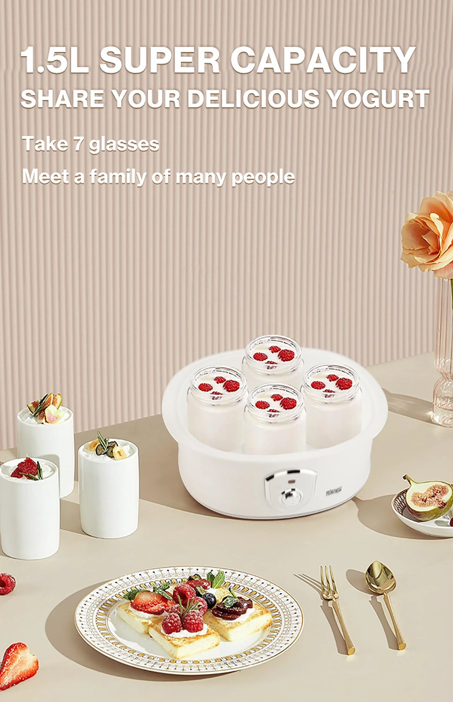 Probiotyczny jogurt Silnik W pełni automatyczna maszyna do jogurtu, domowy jogurt DIY, stała kontrola temperatury, 7 szklanek, sterowanie jednym dotknięciem