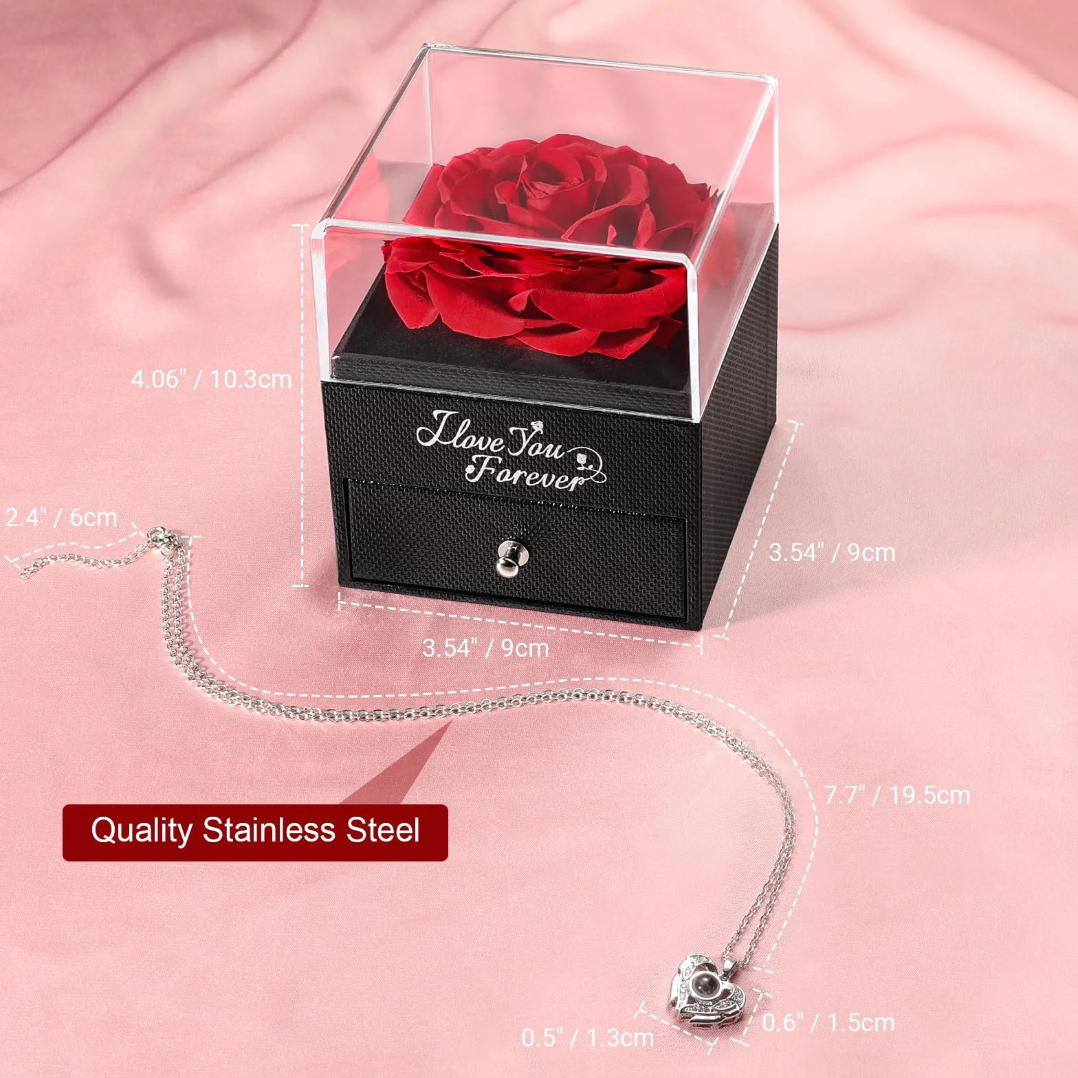 Emibele Preserved Real Red Rose, Eternal Rose & Heart Necklace with I Love You in 100 Languages Romantic Gifts for Women Mom Wife Girlfriend on Christmas Valentines Mothers Day Birthday Anniversary