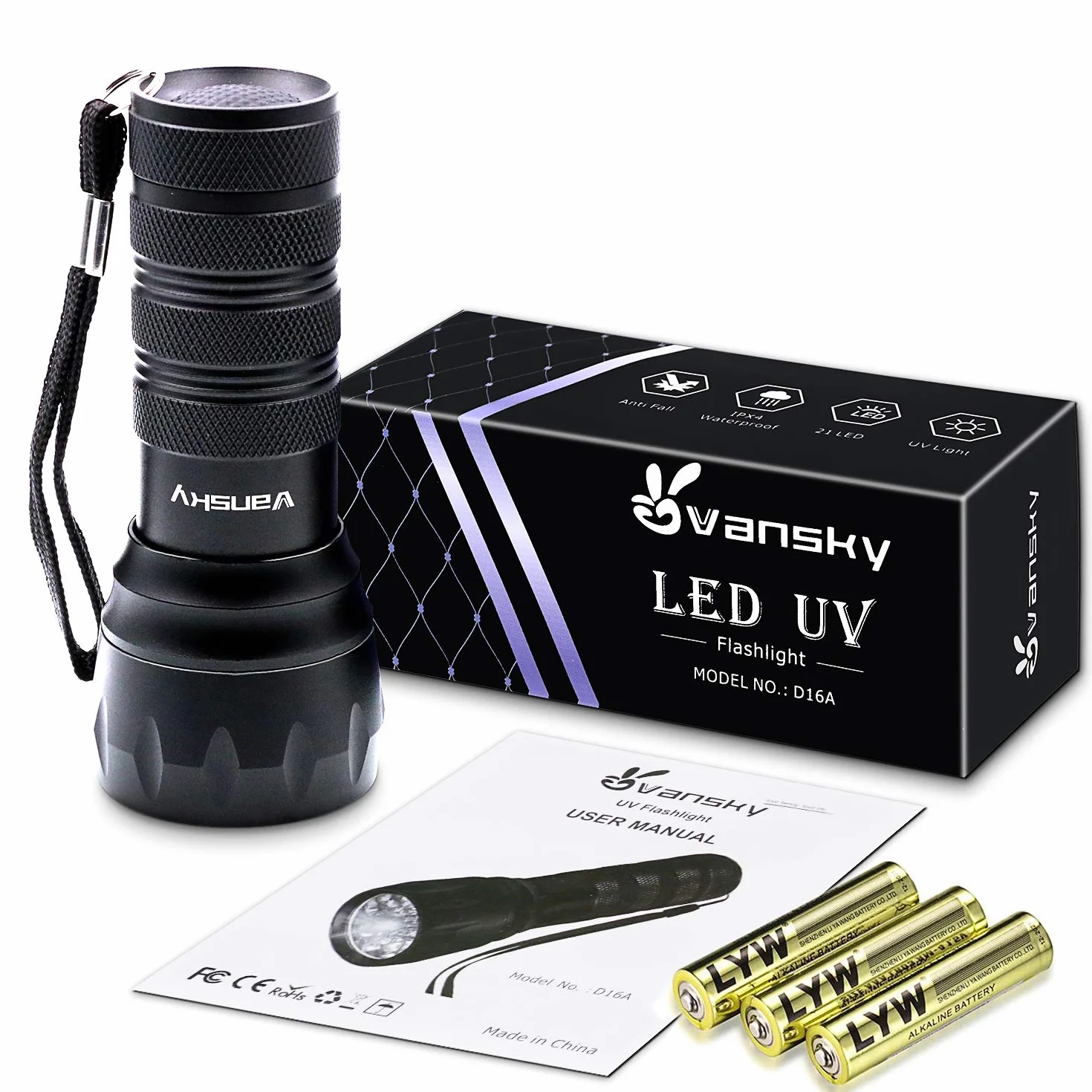 Vansky Latarka UV, 21 diod LED, czarne światło UV do wykrywania moczu zwierząt domowych, wykrywacz czarnego światła do moczu psa, plam zwierząt domowych, pluskiew na dywanie / dywanach 【3 baterie AAA