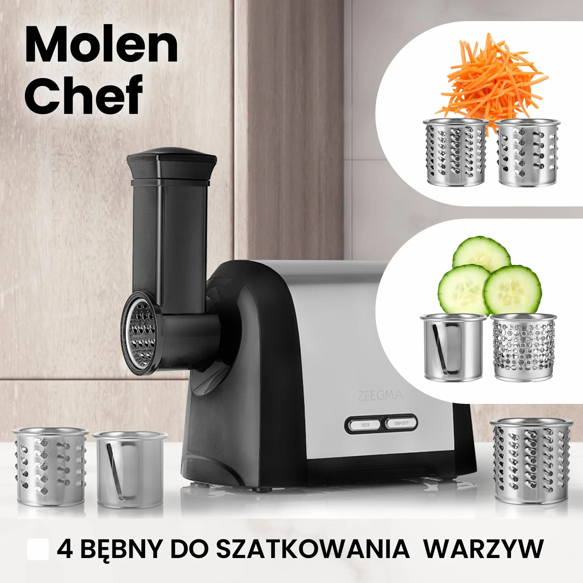ZEEGMA Molen Chef maszynka do mielenia mięsa, moc 1900W, metalowa taca i obudowa, wydajność 1,8kg/min, 3 dyski, nakładka kebbe, szatkownica warzyw, pojemnik na akcesoria, trzy bębny tnące (Srebrny)