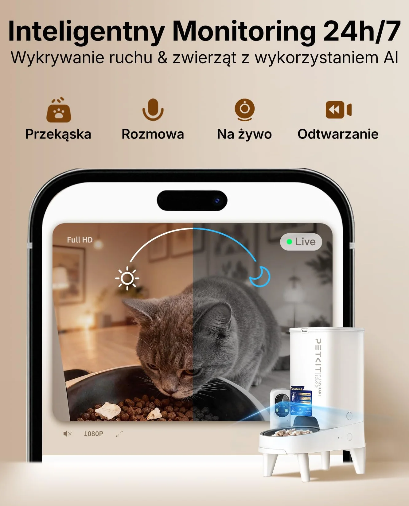 PETKIT Automatyczny Dozownik Karmy dla Kota z Kamerą AI, 3L, 1080P HD, WiFi 2.4G/5GHz, Miska ze Stali Nierdzewnej