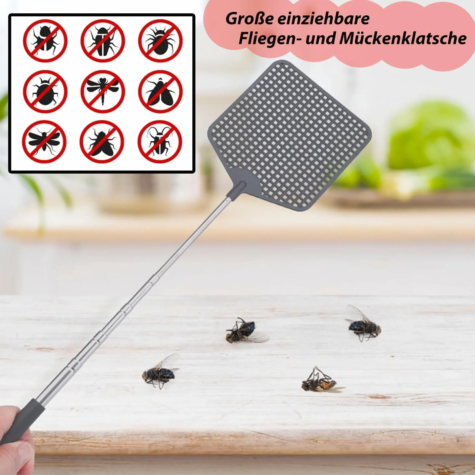 Łapka na muchy, 2 sztuki, wysuwana, duża powierzchnia uderzeń, komary, łapka na muchy, łapka na muchy, osy, komary (N)