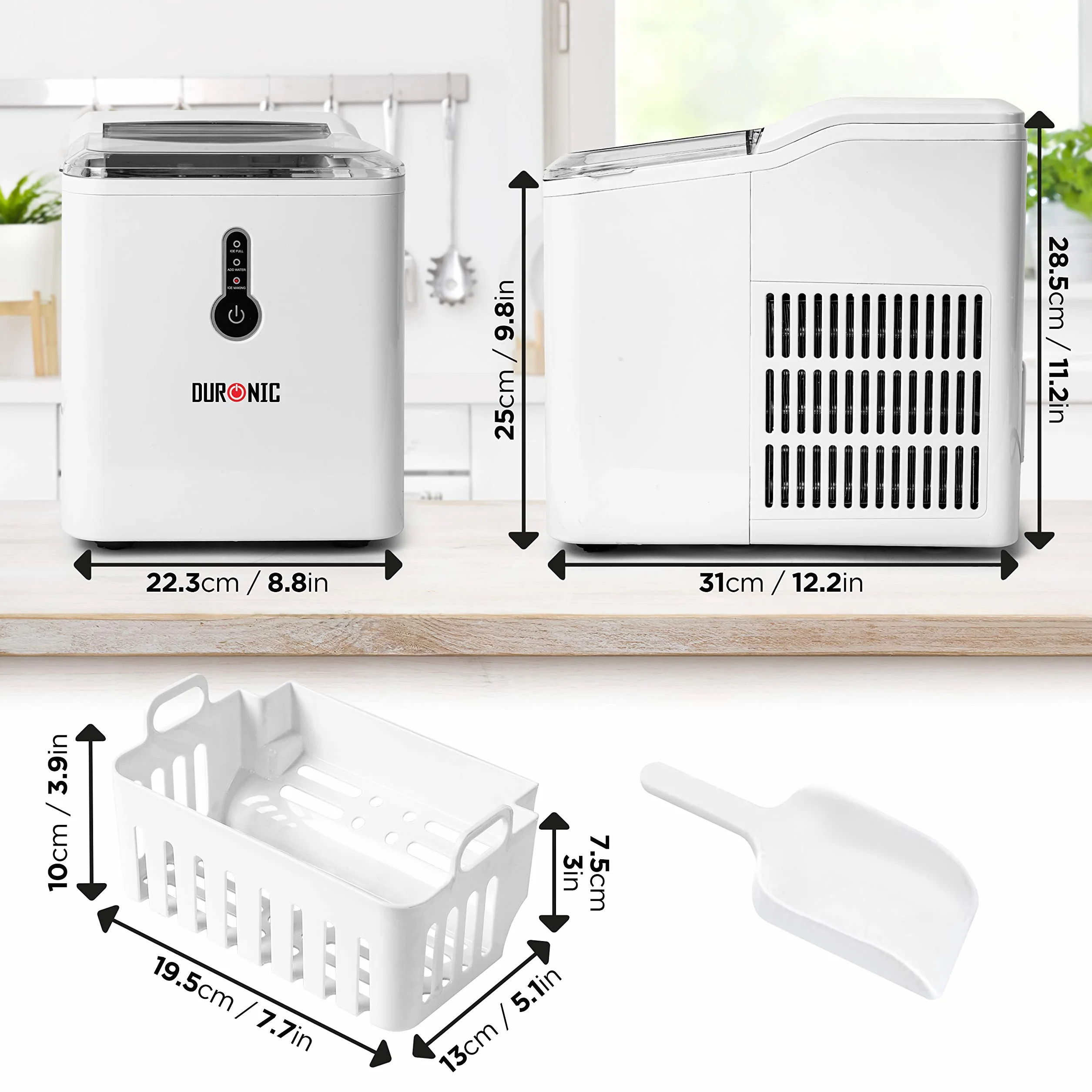 Duronic ICM120 Automatyczna kostkarka do lodu elektryczna | 9 kostek w 7 min | 12 kg lodu na dobę | zbiornik na wodę 1,5l kszyczek i szufelka do wyciągania gotowych kostek | bez podłączenia do wody