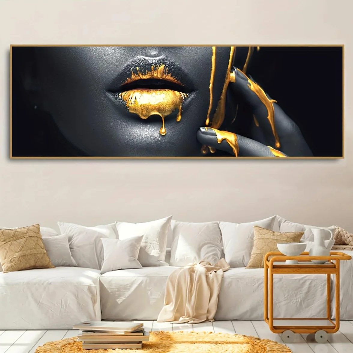 GLWDMH 1 sztuka 70 x 210 cm złota farba kropla na ustach dziewczyny modne obrazy na płótnie, sztuka ścienna plakat i wydruki, obraz ścienny do salonu, sypialni, jadalni, biura (bez ramy)