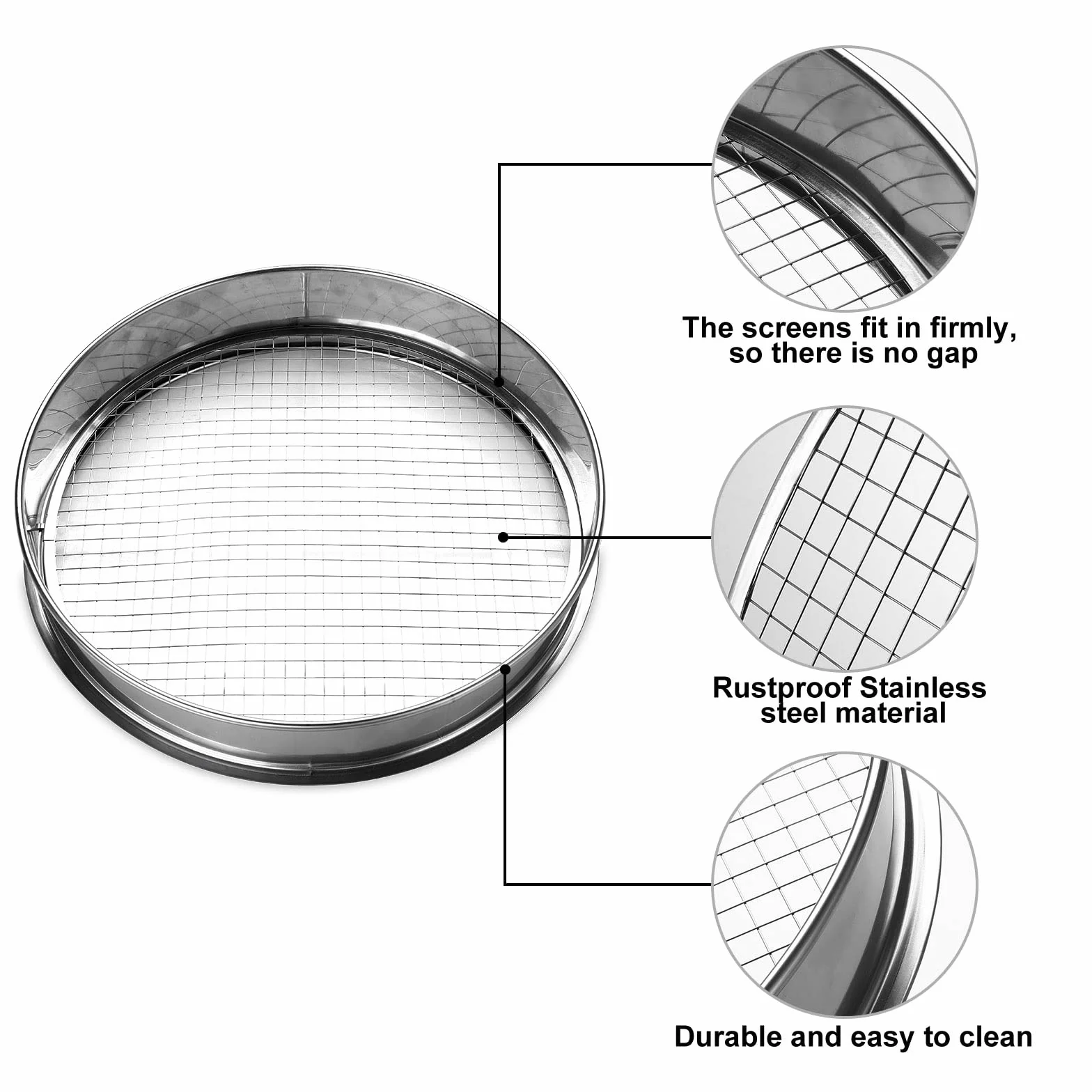 Johgee Sitko ogrodowe, 5 siatek ogrodowych, sito do ziemi ze stali nierdzewnej, rozmiary siatek 12 mm, 10 mm, 9 mm, 6 mm. 3 mm, 1 łopatka, narzędzia ogrodowe do ziemi i kamieni