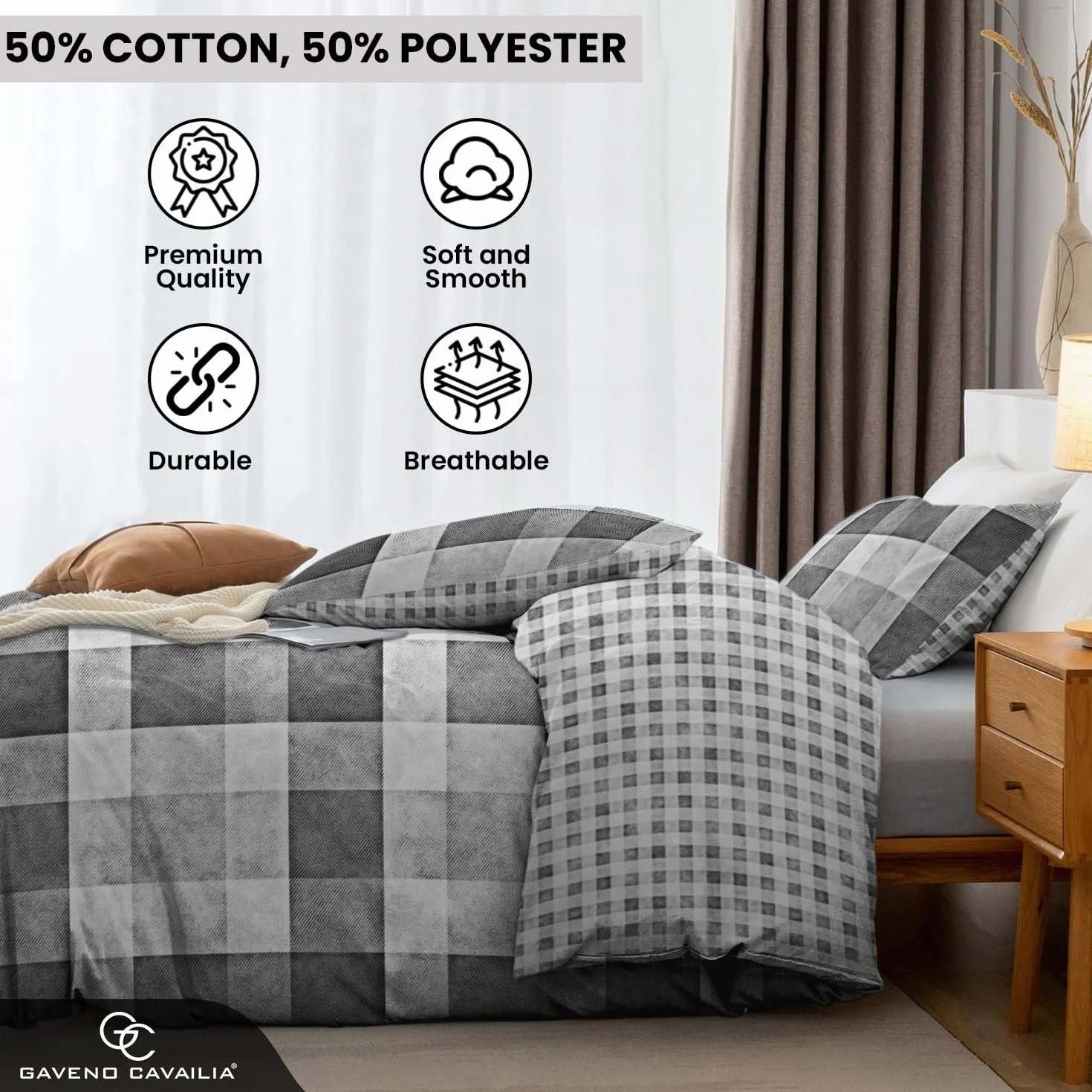 GC GAVENO CAVAILIA Luksusowy DENIM kratkę zestaw pościeli z poszwy i poszewki na poduszki, bawełna poliestrowa, szary, pojedynczy pojedynczy (135 x 200cm)