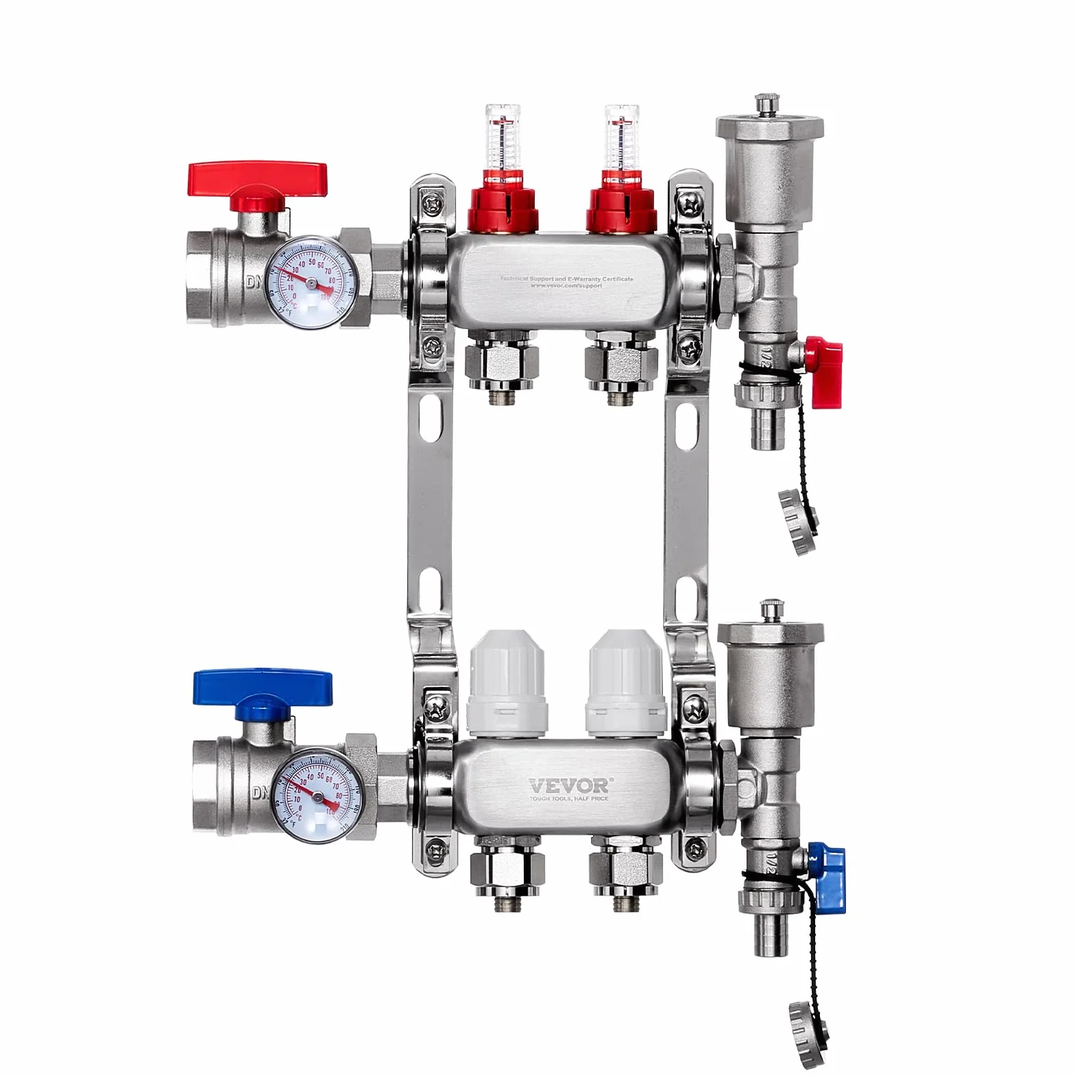 VEVOR 2-gałęziowy kolektor grzewczy do rur PEX 12,7 mm ze stali nierdzewnej PEX, z adapterami 12,7 mm, do hydronicznej podłogi promiennej, zestaw kolektora PEX