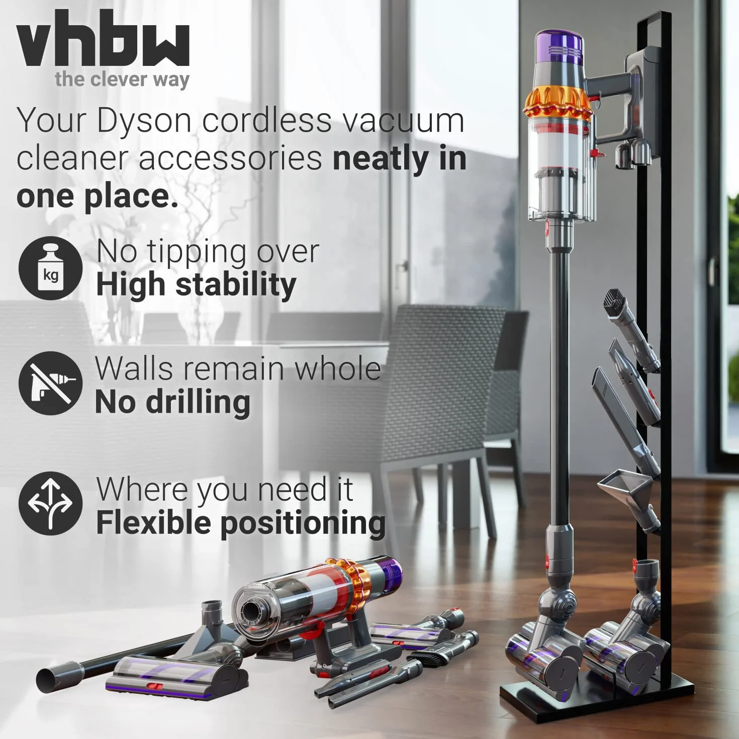 vhbw Stojak jako stabilny uchwyt, akcesoria do odkurzacza akumulatorowego Dyson V15 Detect Absolute, Detect Complete V12 slim, V11, V10, V8, V7, V6, z uchwytem na mopa, ciemnoszary