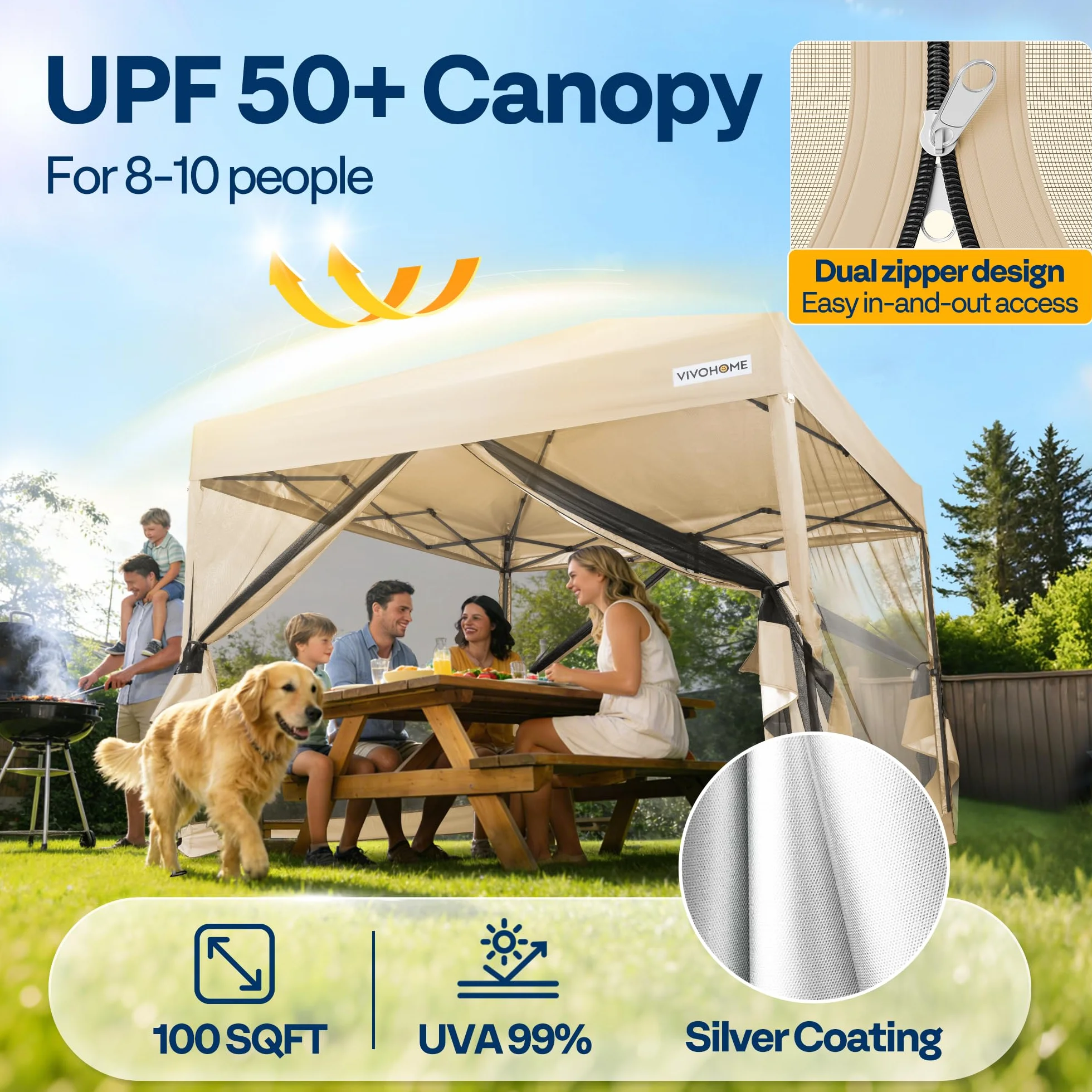 VIVOHOME Altana składana Easy Pop-Up 3x3 m Wodoodporny namiot z moskitierą UV z 2 drzwiami na zamek błyskawiczny i torbą na kółkach na imprezy camping i na zewnątrz