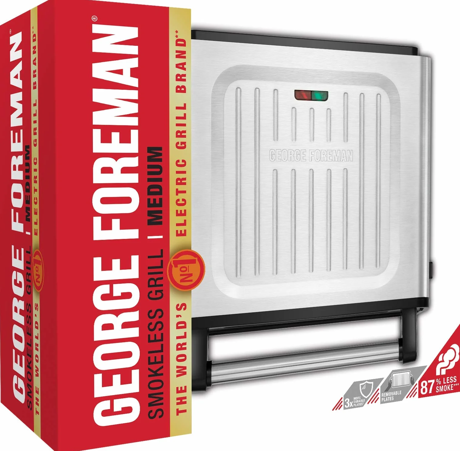 George Foreman grill elektryczny, bezdymny, kontaktowy, redukujący ilość tłuszczu, redukuje ilość dymu, płyta nieprzywierająca, moc 1500W, stalowy, srebrny, 28000-56