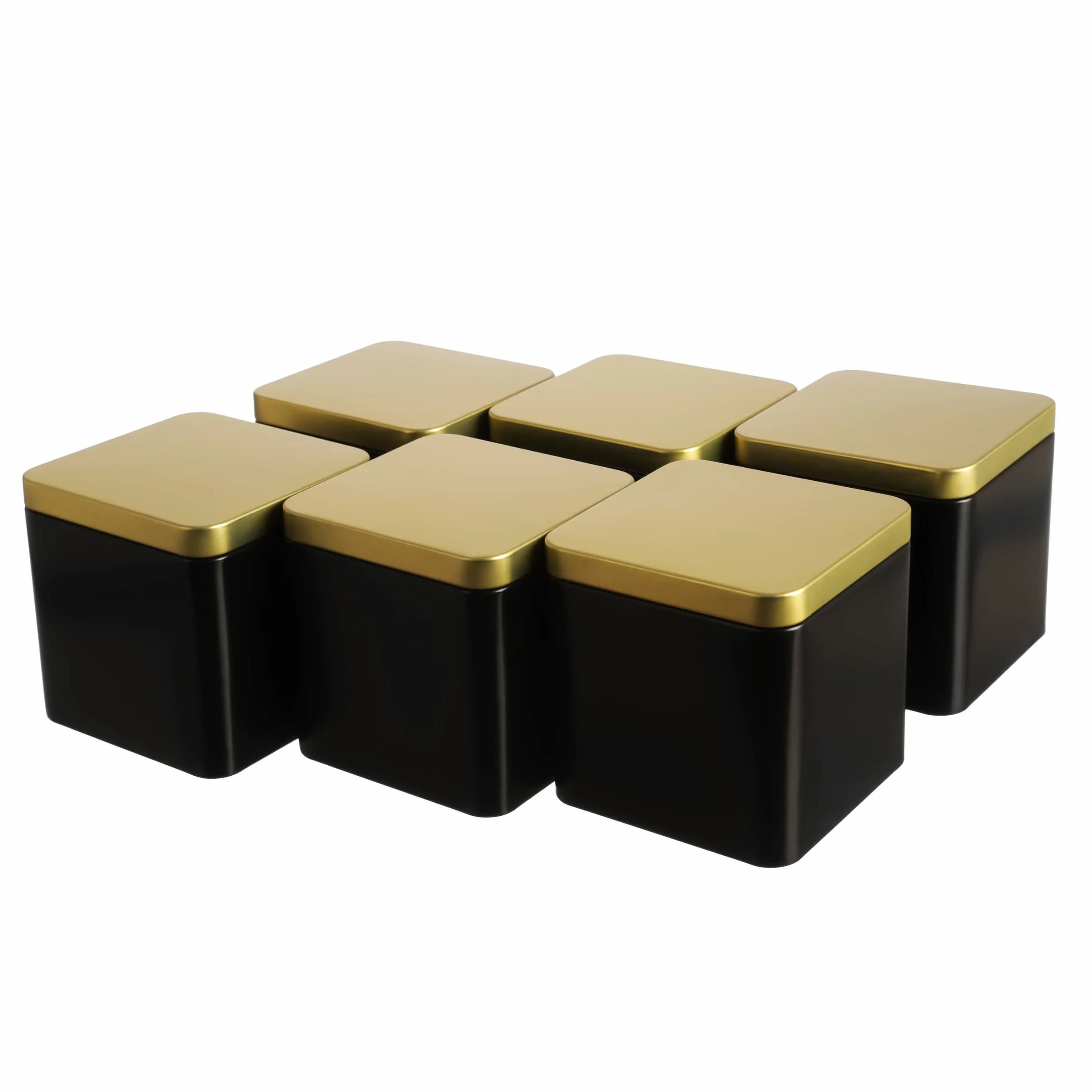6 x eleganckie prostokątne pojemniki na herbatę/zapasy na herbatę, czarno-złote, odporne na zapachy z metalu, każda na 150 g herbaty | 9 x 9 x 9 cm (wys. x szer. x gł.) | idealne również