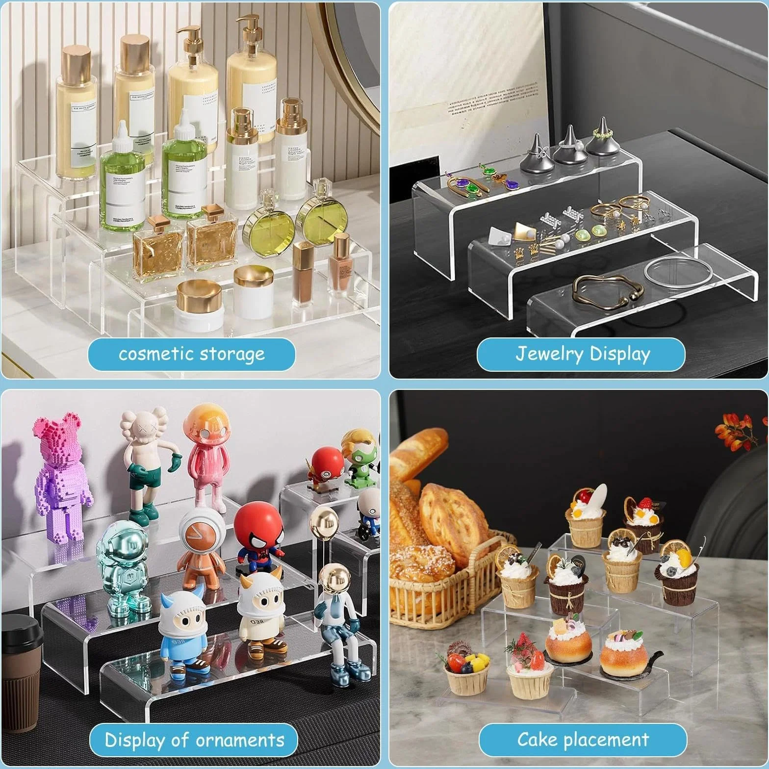 5 szt. przezroczystych stojaków akrylowych na perfumy – regał, półka, schody ekspozycyjne do figurek, biżuterii, babeczek, szminek, lakierów, prezentacji produktów