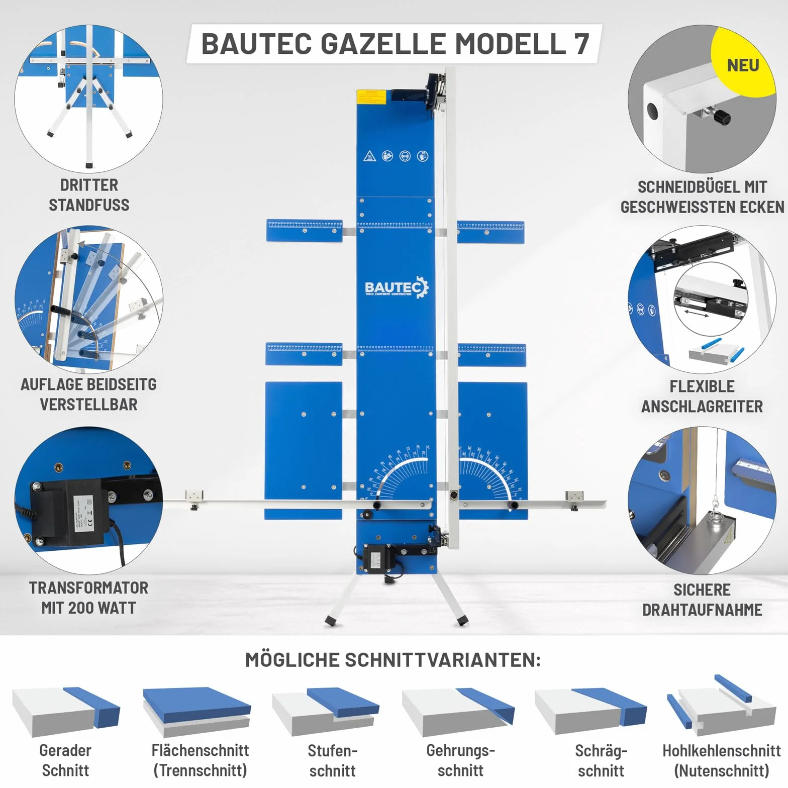 BAUTEC GAZELLE model 7 "Butterfly" » krajalnica do styropianu 200 W / 1300 mm » kompletny zestaw z 10 drutami tnącymi, 6 uchwytami styropianowymi, uchwytem do rusztowania » przecinak do gorącego drutu