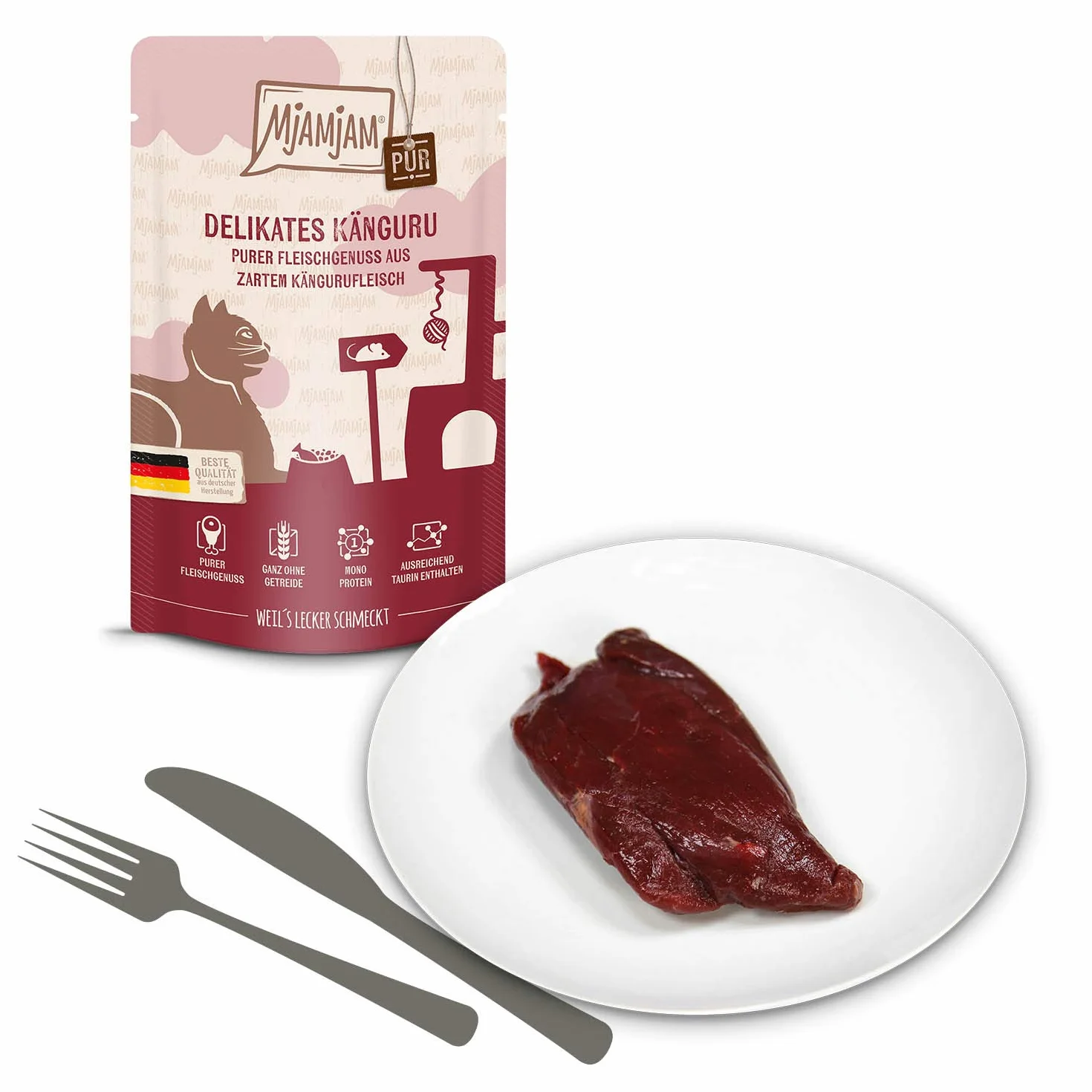 MjAMjAM Mokra karma Premium dla kotów Quetschie Mięso z kangura 12 x 125g bezzbożowa