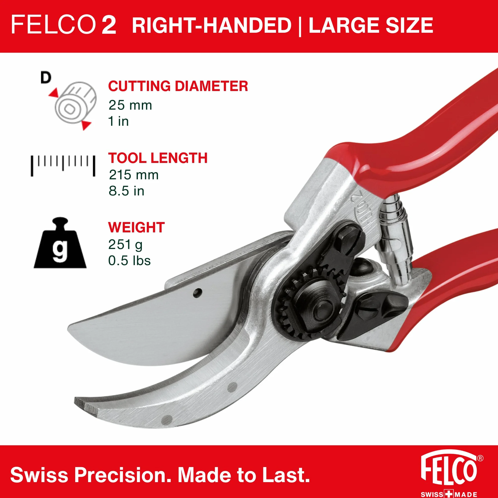 FELCO 2 sekator bypass profesjonalny praworęczny, ostrze 41 mm stal hartowana, kuty aluminiowy uchwyt, precyzyjne cięcie do 25 mm, szwajcarskie narzędzie ogrodowe