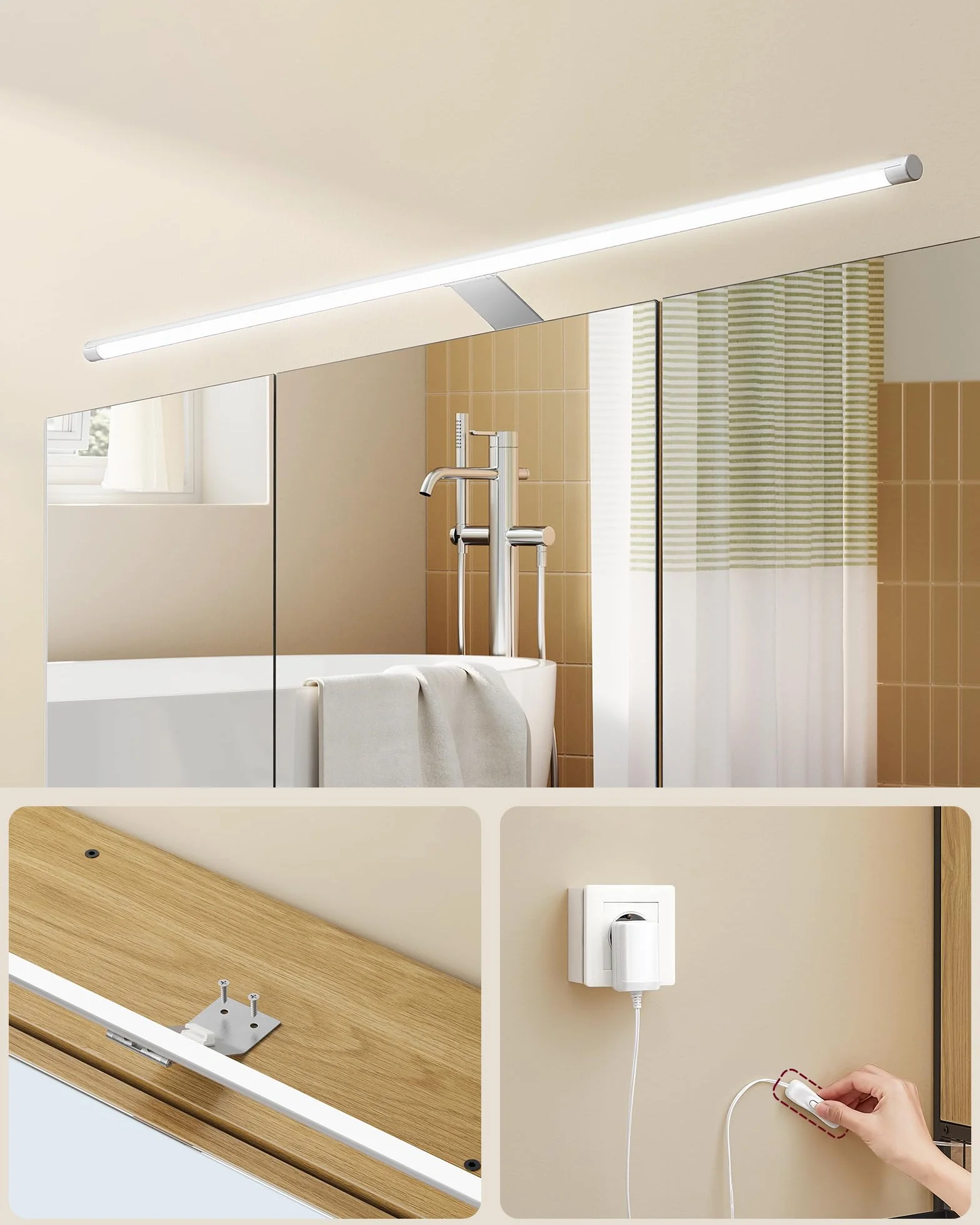 VASAGLE Szafka łazienkowa z oświetleniem LED, 14,5 x 70 x 70 cm, listwa zasilająca, kosz wiszący, uchwyt na suszarkę do włosów, szafka lustrzana, do łazienki, dąb naturalny BBK124Y01